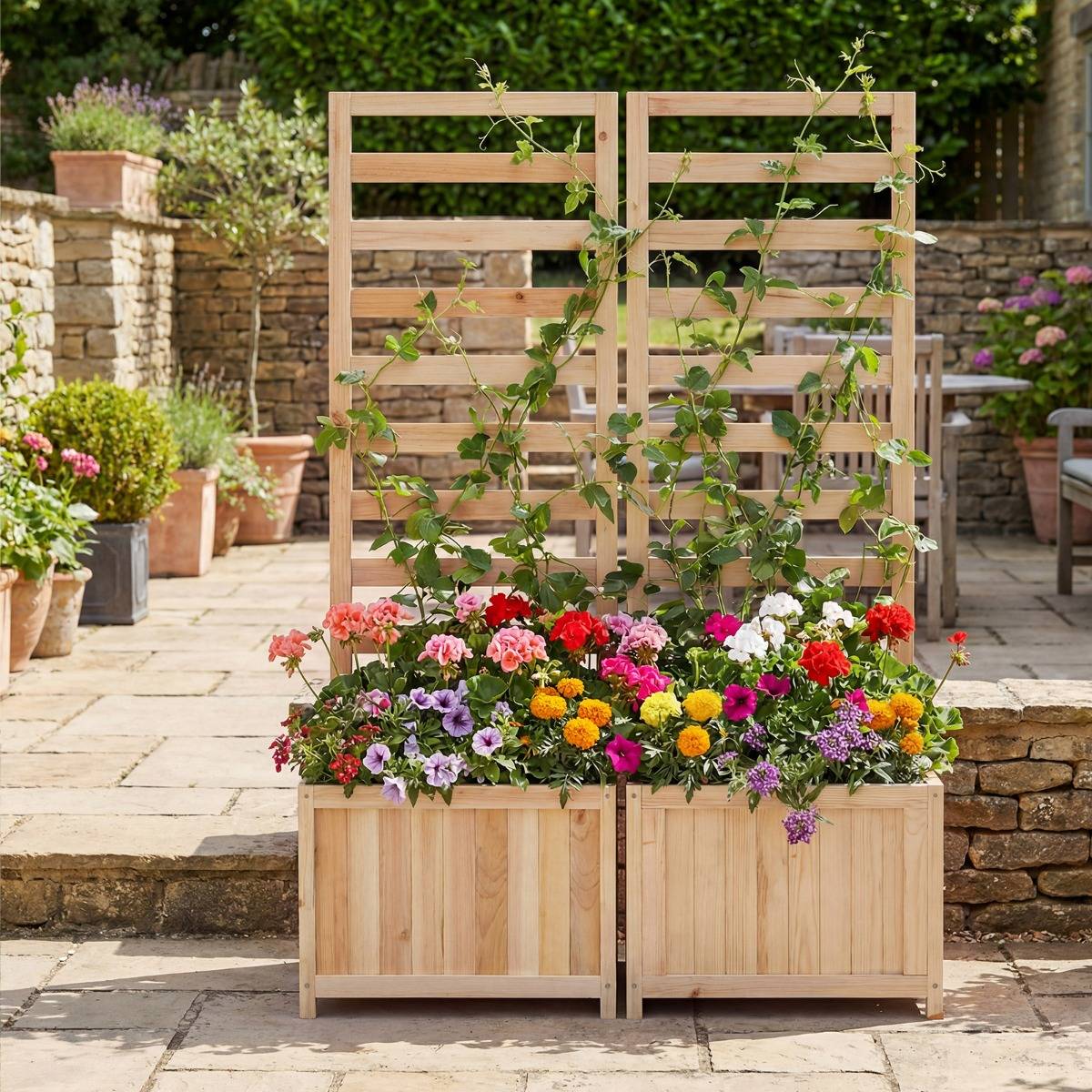 Jardinière avec Treillis en Bois 123 CM Bac à Fleurs Surélevé pour Plante pour Grimpante Vigne Fleurs avec Trou de Drainage Naturel MAISON CHIC - Image 3