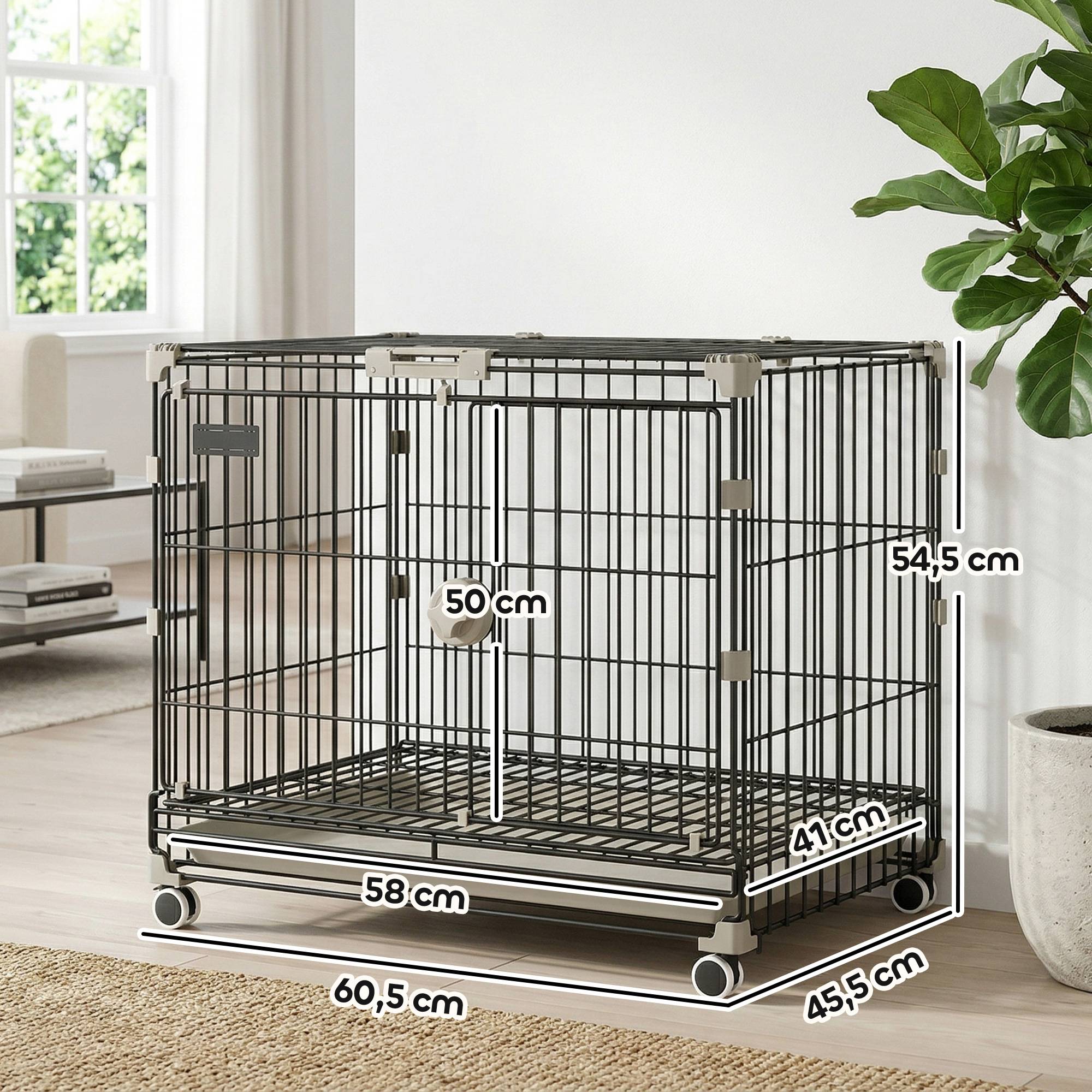 Cage chien pliable métal intérieur roues freins toit ouvrant 60,5x45,5x54,5cm noir - ComfortXL Outdoor Living - Image 5