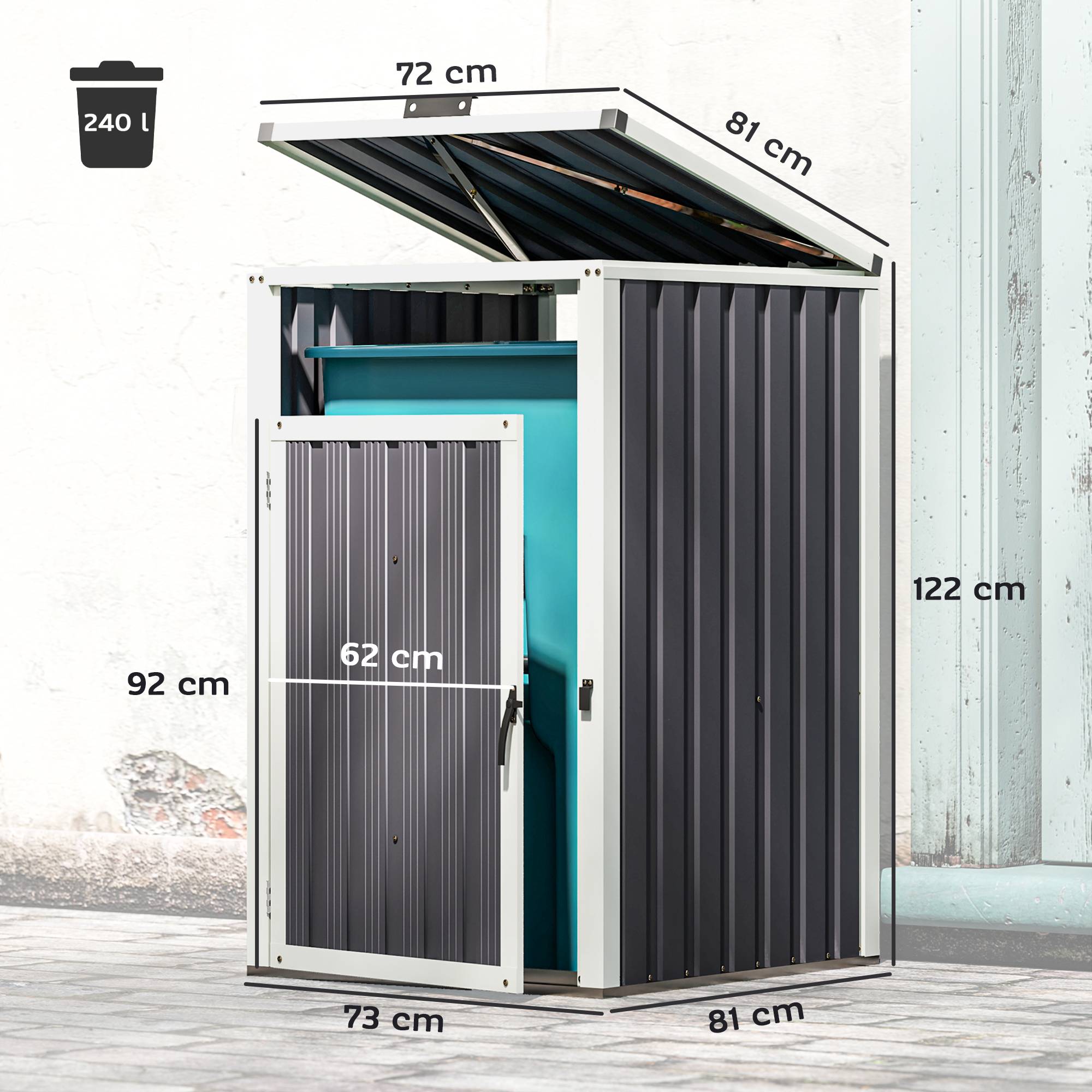 Abri pour 1 poubelle 240L cache poubelle extérieur couvercle relevable 180° acier galvanisé 73 x 81 x 122 cm gris foncé - Image 5