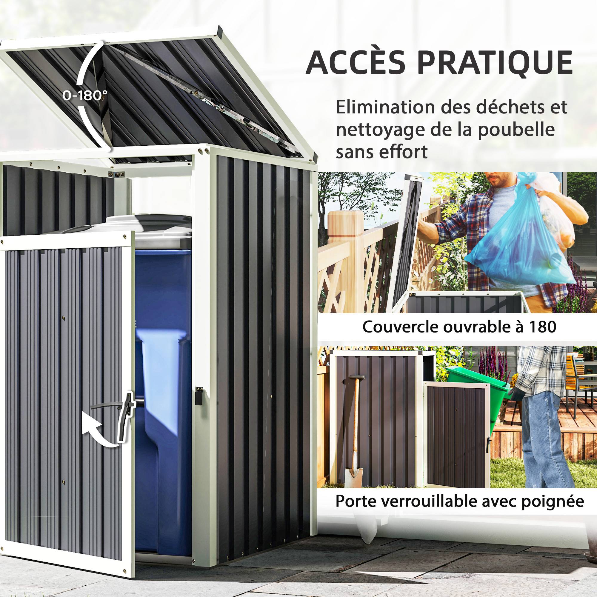 Abri pour 1 poubelle 240L cache poubelle extérieur couvercle relevable 180° acier galvanisé 73 x 81 x 122 cm gris foncé - Image 7