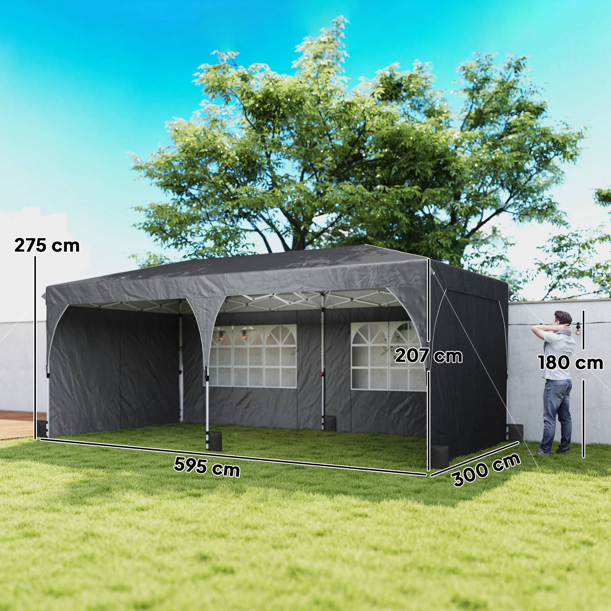 Tente pliante 6 x 3 m avec bandes réfléchissantes, protection UPF 50+, montage facile, système de verrouillage centralisé, imperméable, gris foncé - Image 5