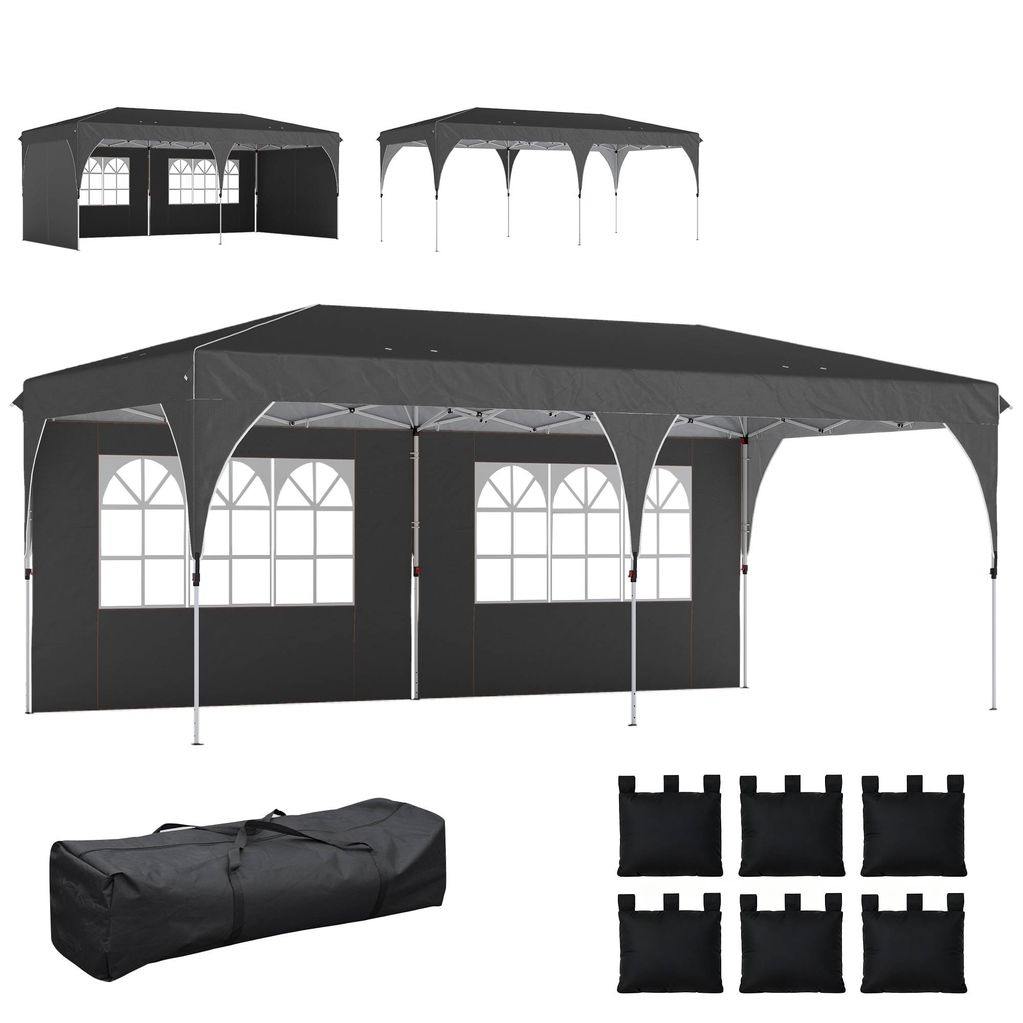 Tente pliante 6 x 3 m avec bandes réfléchissantes, protection UPF 50+, montage facile, système de verrouillage centralisé, imperméable, gris foncé - Image 2