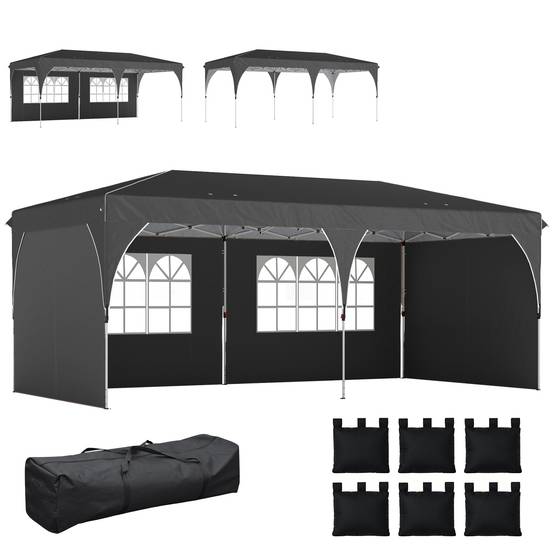 Tente pliante 6 x 3 m avec bandes réfléchissantes, protection UPF 50+, montage facile, système de verrouillage centralisé, imperméable, gris foncé - Image 1
