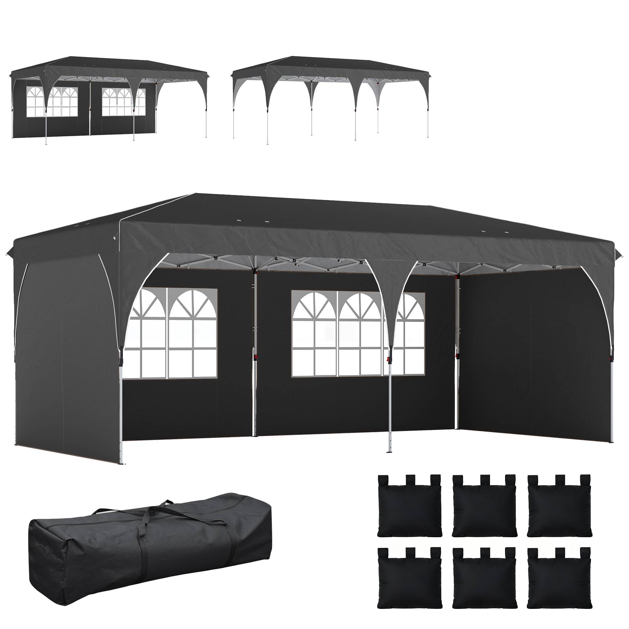Tente pliante 6 x 3 m avec bandes réfléchissantes, protection UPF 50+, montage facile, système de verrouillage centralisé, imperméable, gris foncé - Image 1