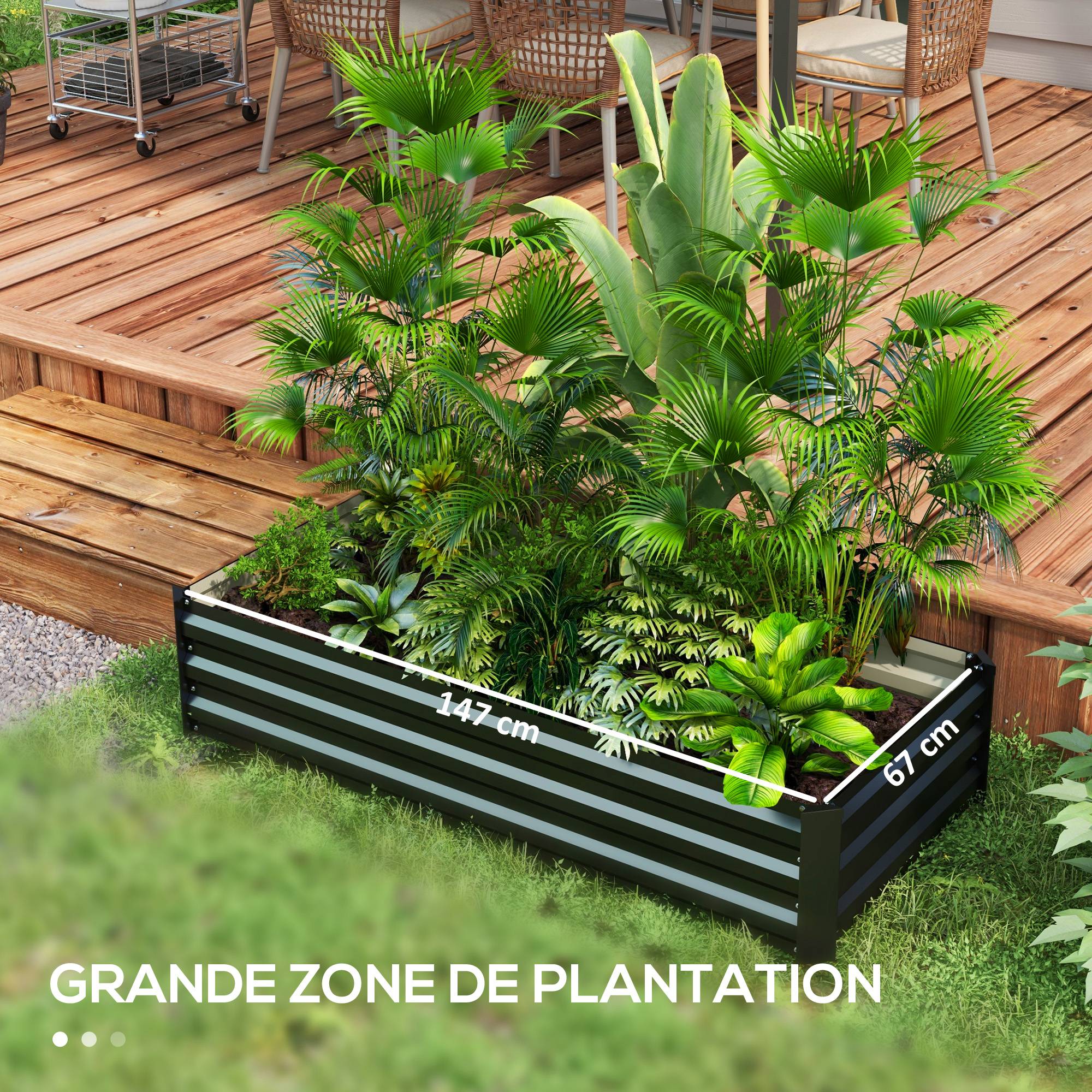 Jardinière rectangulaire potager de jardin bac à fleurs en acier avec bordure de sécurité et fond ouvert noir - Image 6