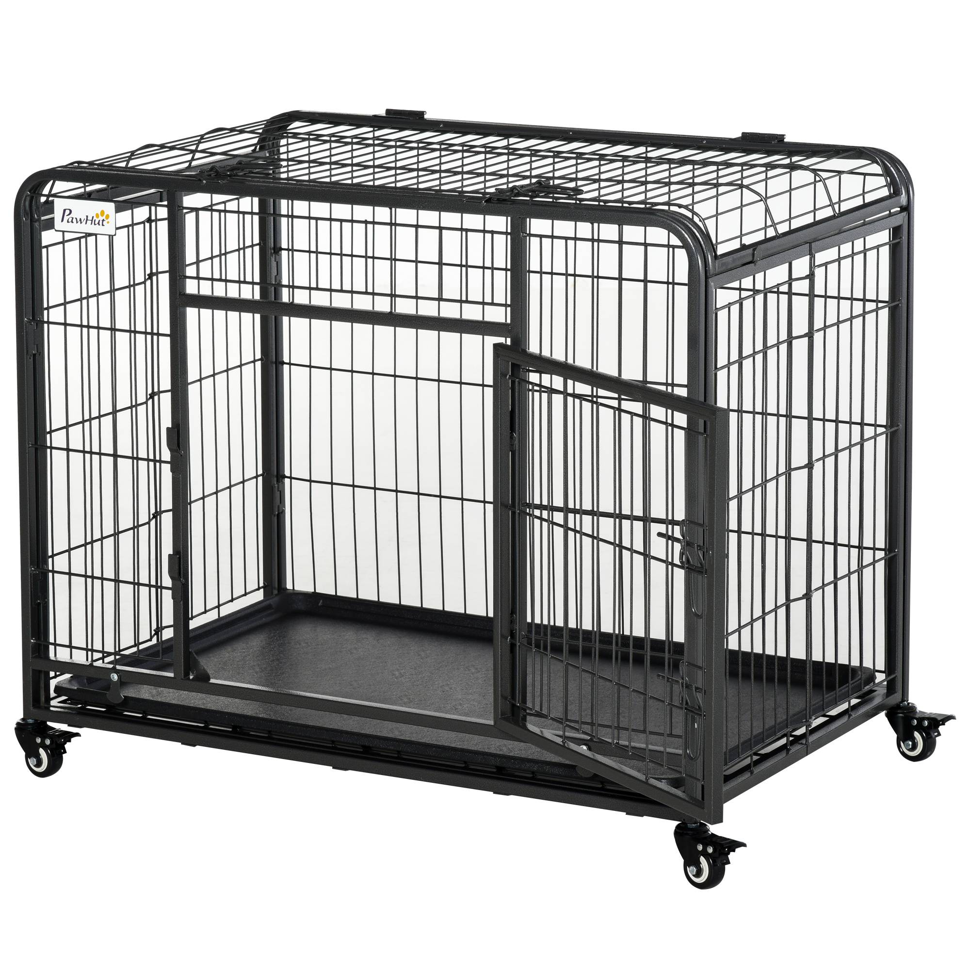 Pawhut - Cage pour chien pliable cage de transport sur roulettes 2 portes verrouillables plateau amovible dim. 125L x 76l x 81H cm métal gris noir - Image 1