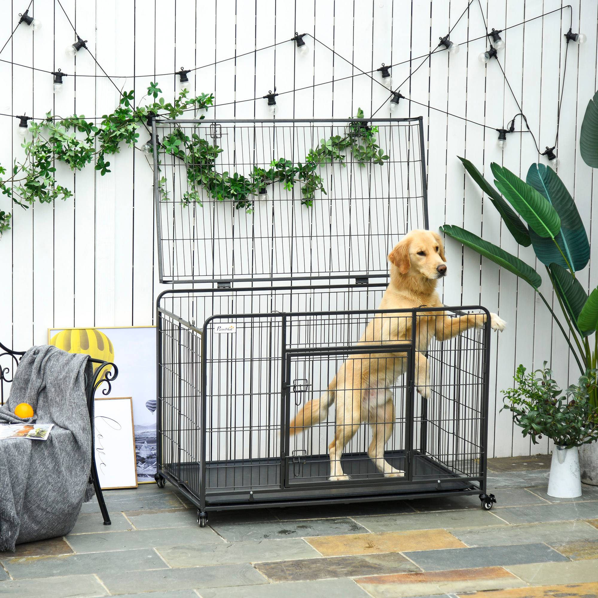 Pawhut - Cage pour chien pliable cage de transport sur roulettes 2 portes verrouillables plateau amovible dim. 125L x 76l x 81H cm métal gris noir - Image 2