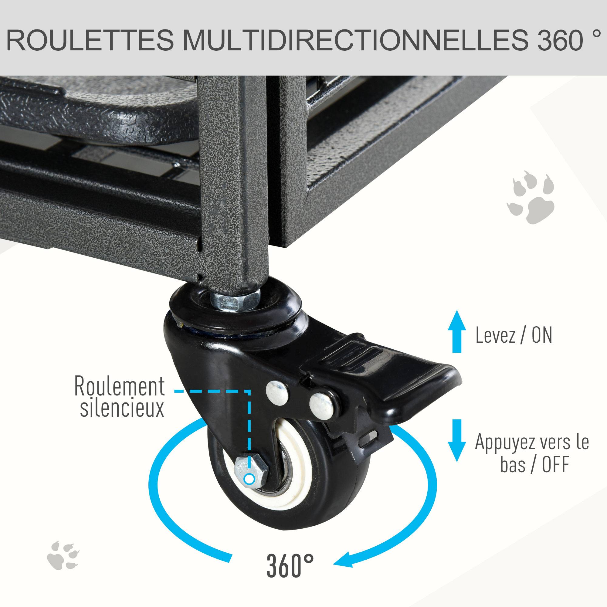 Pawhut - Cage pour chien pliable cage de transport sur roulettes 2 portes verrouillables plateau amovible dim. 125L x 76l x 81H cm métal gris noir - Image 6
