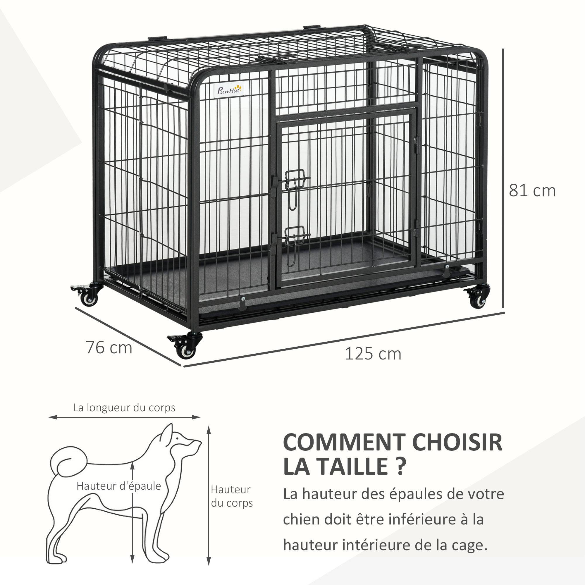 Pawhut - Cage pour chien pliable cage de transport sur roulettes 2 portes verrouillables plateau amovible dim. 125L x 76l x 81H cm métal gris noir - Image 3