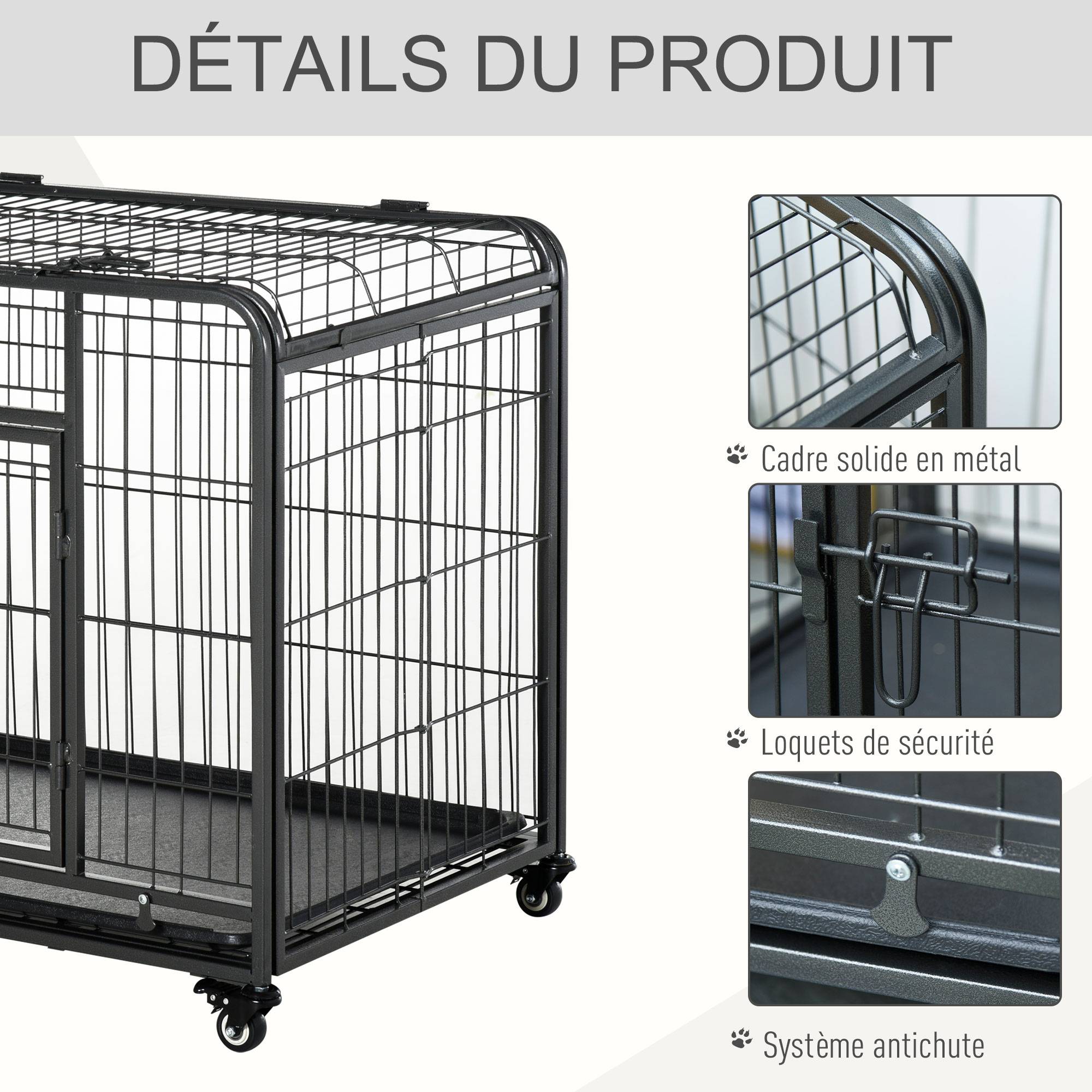 Pawhut - Cage pour chien pliable cage de transport sur roulettes 2 portes verrouillables plateau amovible dim. 125L x 76l x 81H cm métal gris noir - Image 7