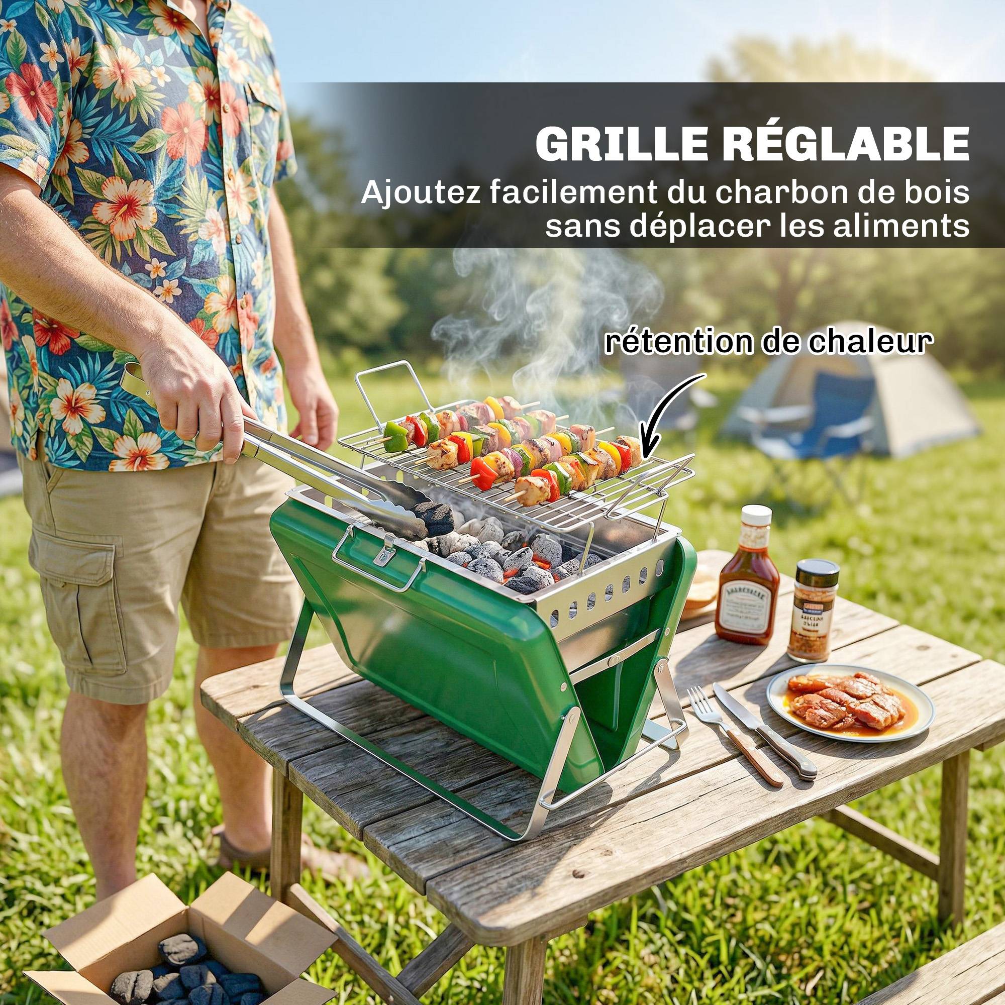 Barbecue portable inox pour camping jardin cuisson nomade pliable vert 40 cm - ComfortXL Outdoor Living - Image 7