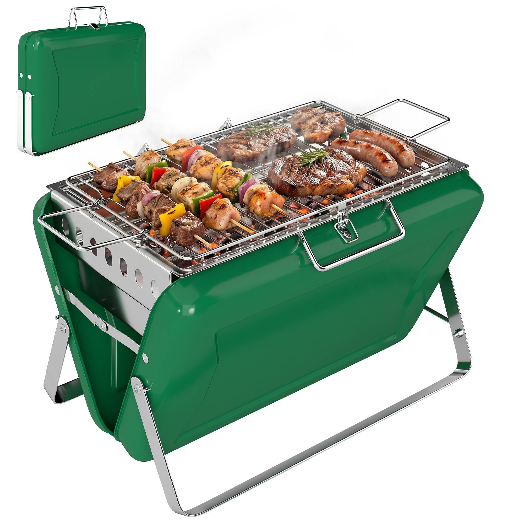 Barbecue portable inox pour camping jardin cuisson nomade pliable vert 40 cm - ComfortXL Outdoor Living - Image 1