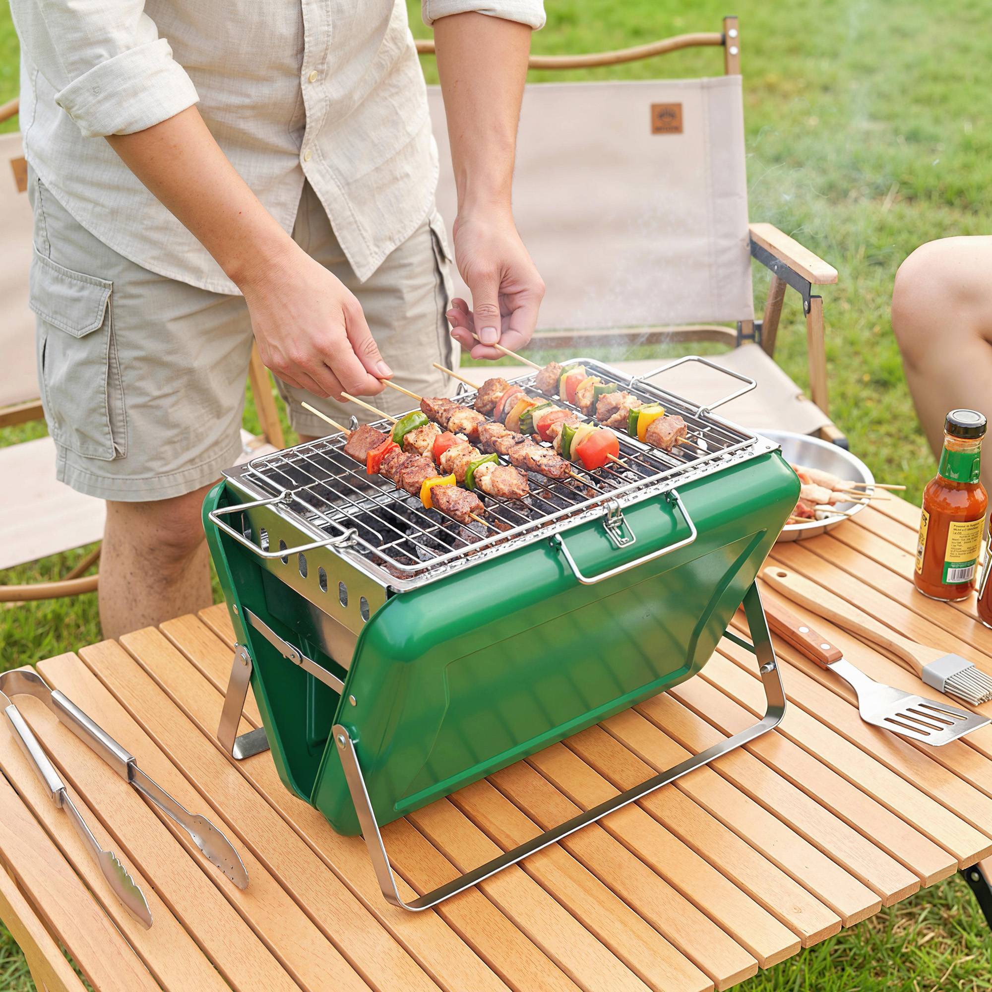 Barbecue portable inox pour camping jardin cuisson nomade pliable vert 40 cm - ComfortXL Outdoor Living - Image 4