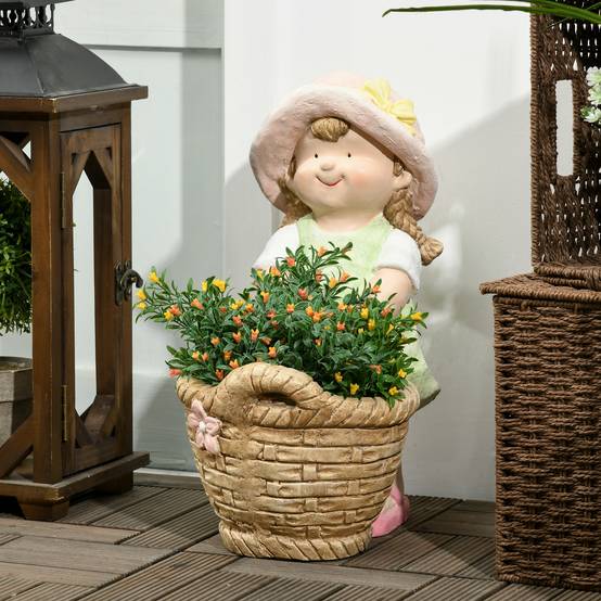 Statue de jardin fille oxyde de magnésium extérieur terrasse avec pot de fleurs intégré 40cm multicolore - Image 1