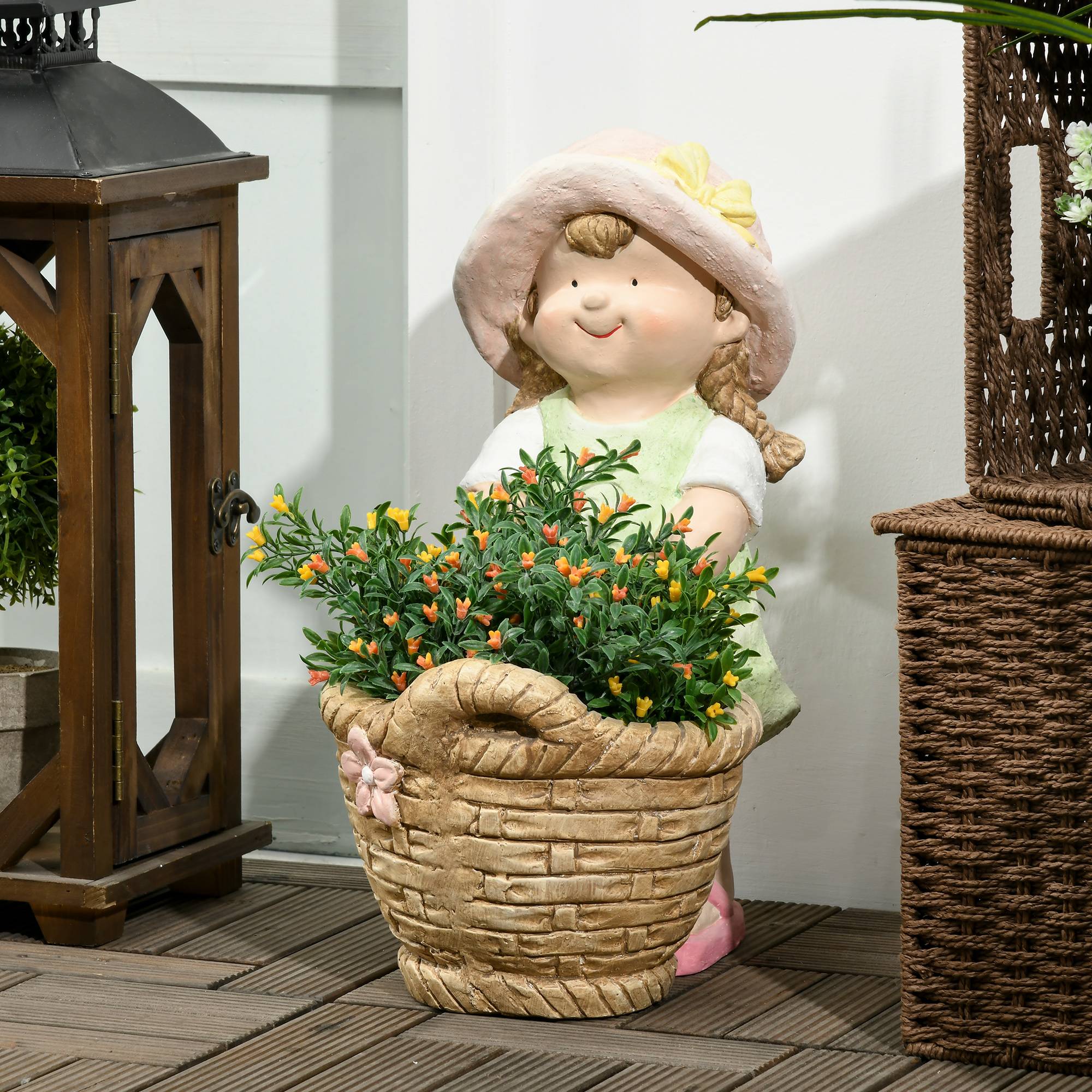 Statue de jardin fille oxyde de magnésium extérieur terrasse avec pot de fleurs intégré 40cm multicolore - Image 1