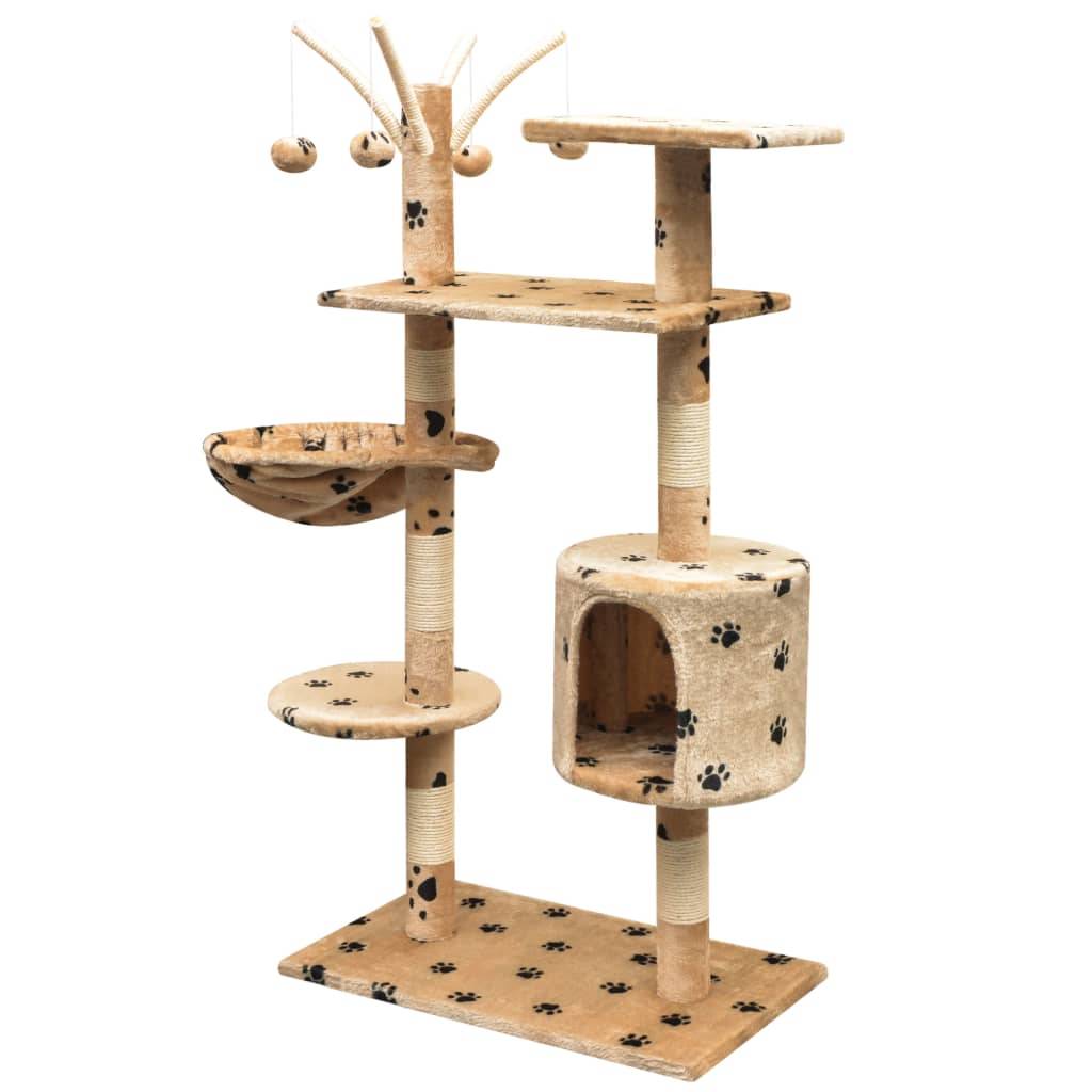 Arbre à chat 125 cm hamac et griffoir sisal motif pattes Beige – ComfortXL Pet Living - Image 2