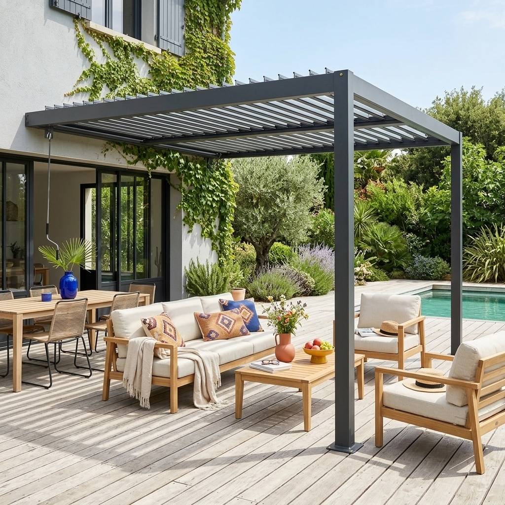 sweeek - Pergola bioclimatique aluminium adossée lames orientables 3x3m Palace anthracite | sweeek - Image 1