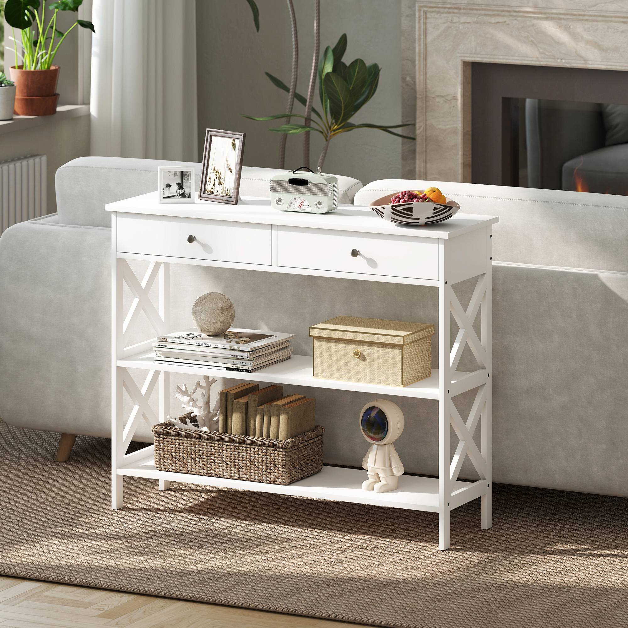 Table de console table d'entrée style table de drapier néo-rétro 2 tiroirs 2 étagères dim. 100L x 30.5l x 80H cm en bois Blanc - Image 9