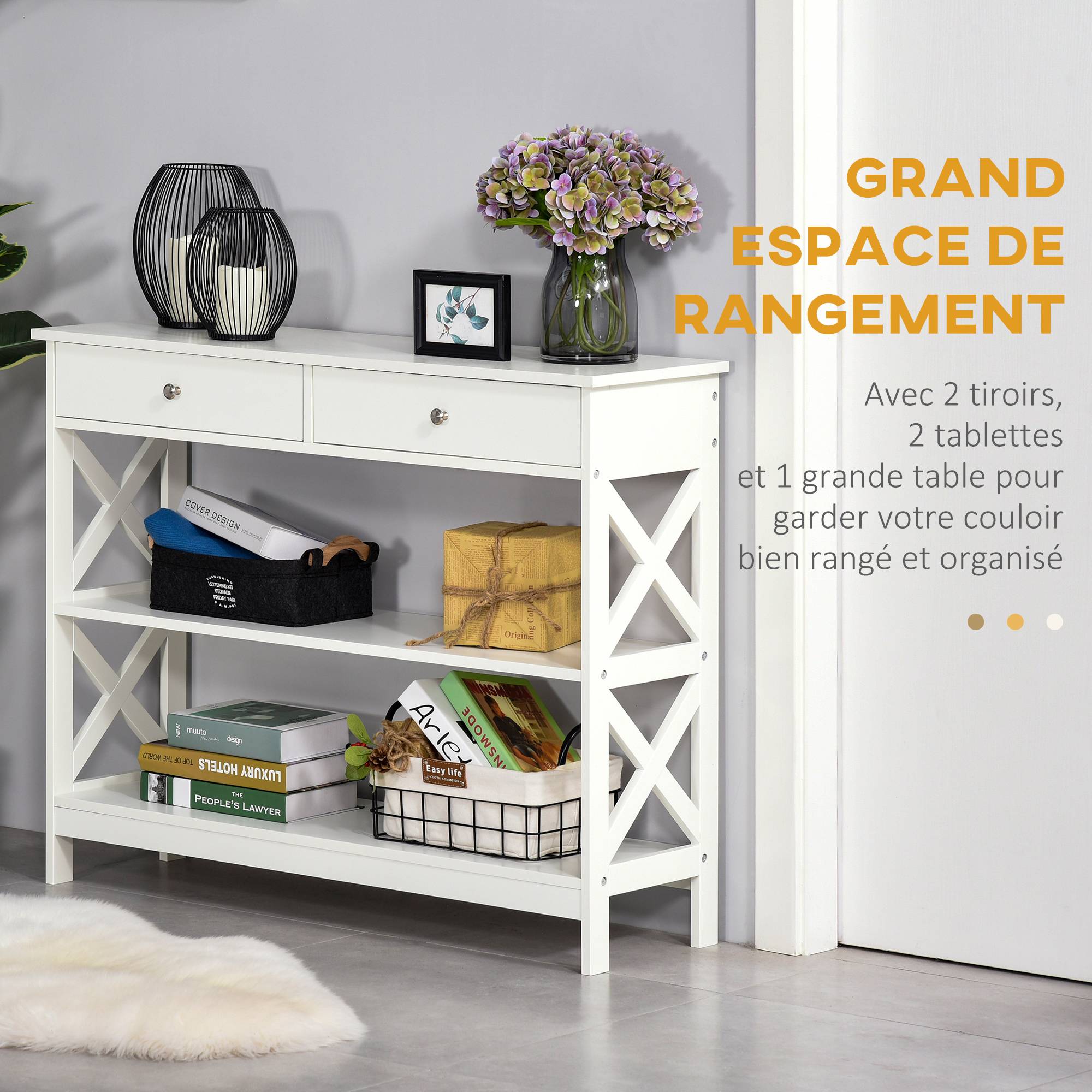 Table de console table d'entrée style table de drapier néo-rétro 2 tiroirs 2 étagères dim. 100L x 30.5l x 80H cm en bois Blanc - Image 6