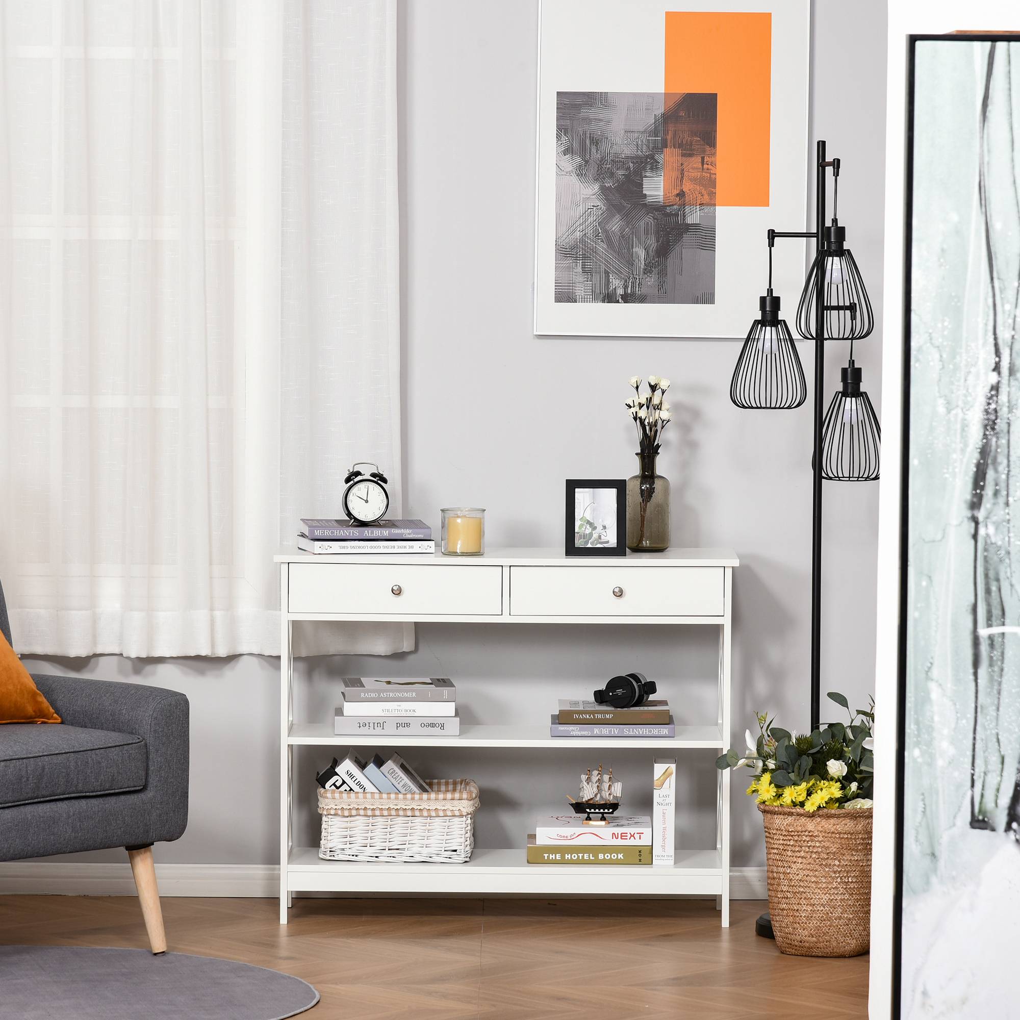 Table de console table d'entrée style table de drapier néo-rétro 2 tiroirs 2 étagères dim. 100L x 30.5l x 80H cm en bois Blanc - Image 8