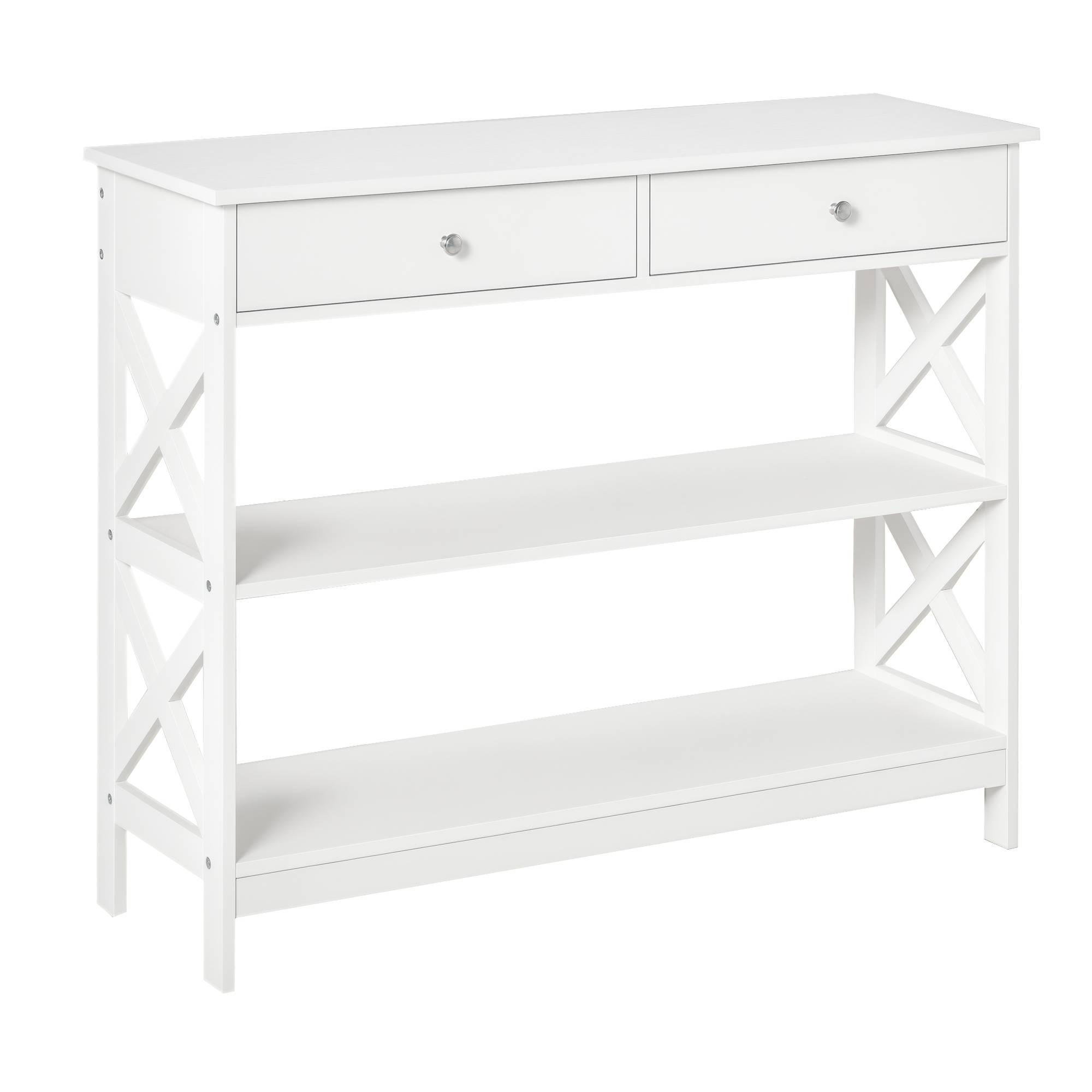 Table de console table d'entrée style table de drapier néo-rétro 2 tiroirs 2 étagères dim. 100L x 30.5l x 80H cm en bois Blanc - Image 1