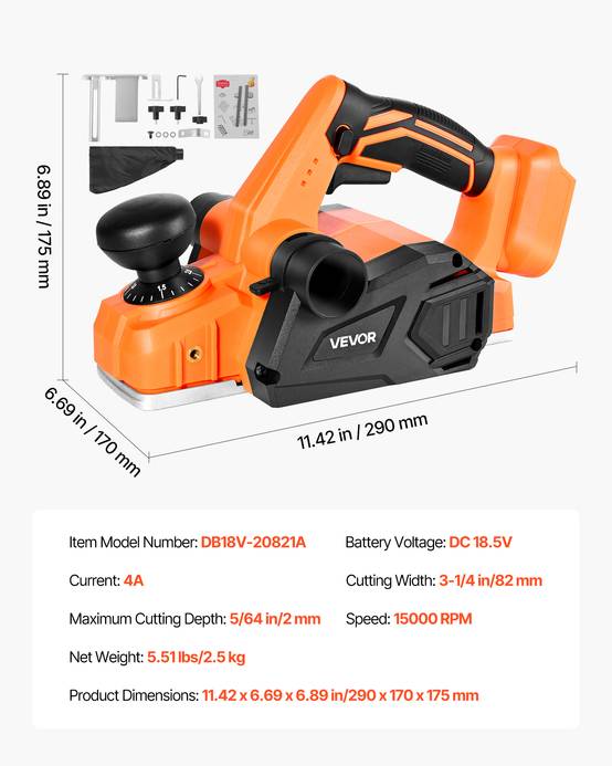 VEVOR Rabot Électrique sans Fil Raboteuse à Bois à Main 82 mm sans Batterie - Image 7