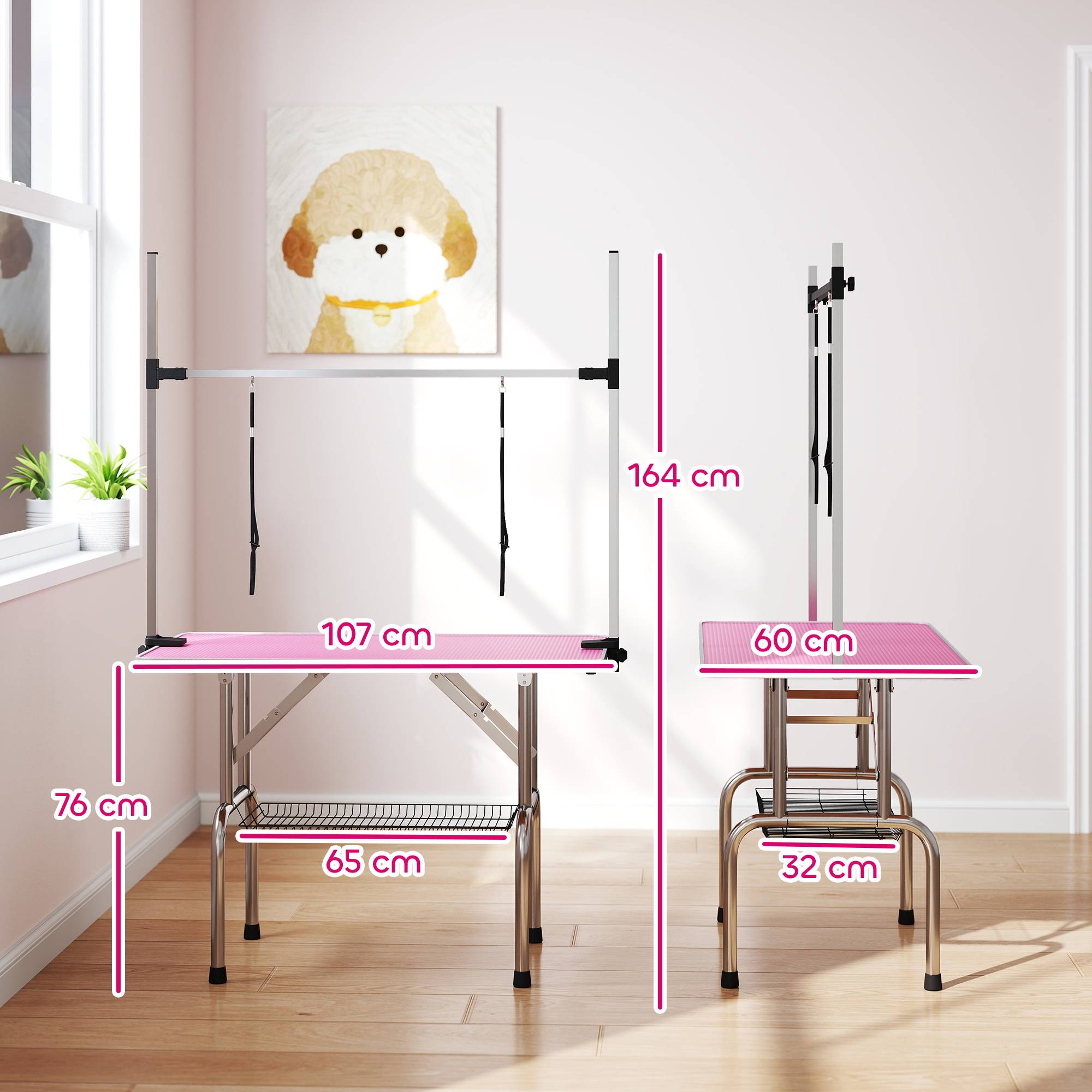 ComfortXL - Table de toilettage chien potence acier inoxydable 107x60x164 cm rose pliable avec panier - ComfortXL Outdoor Living - Image 5