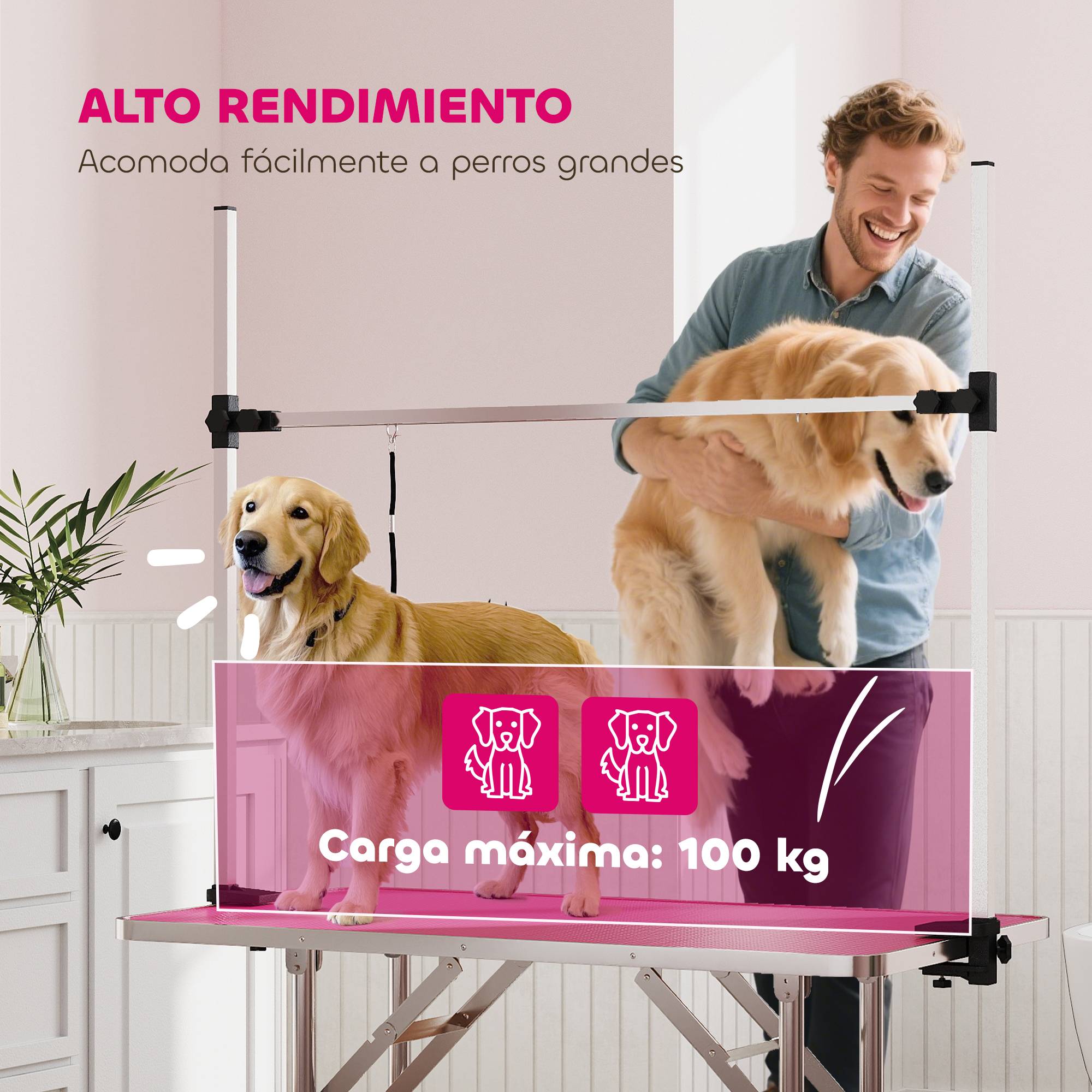 ComfortXL - Table de toilettage chien potence acier inoxydable 107x60x164 cm rose pliable avec panier - ComfortXL Outdoor Living - Image 7