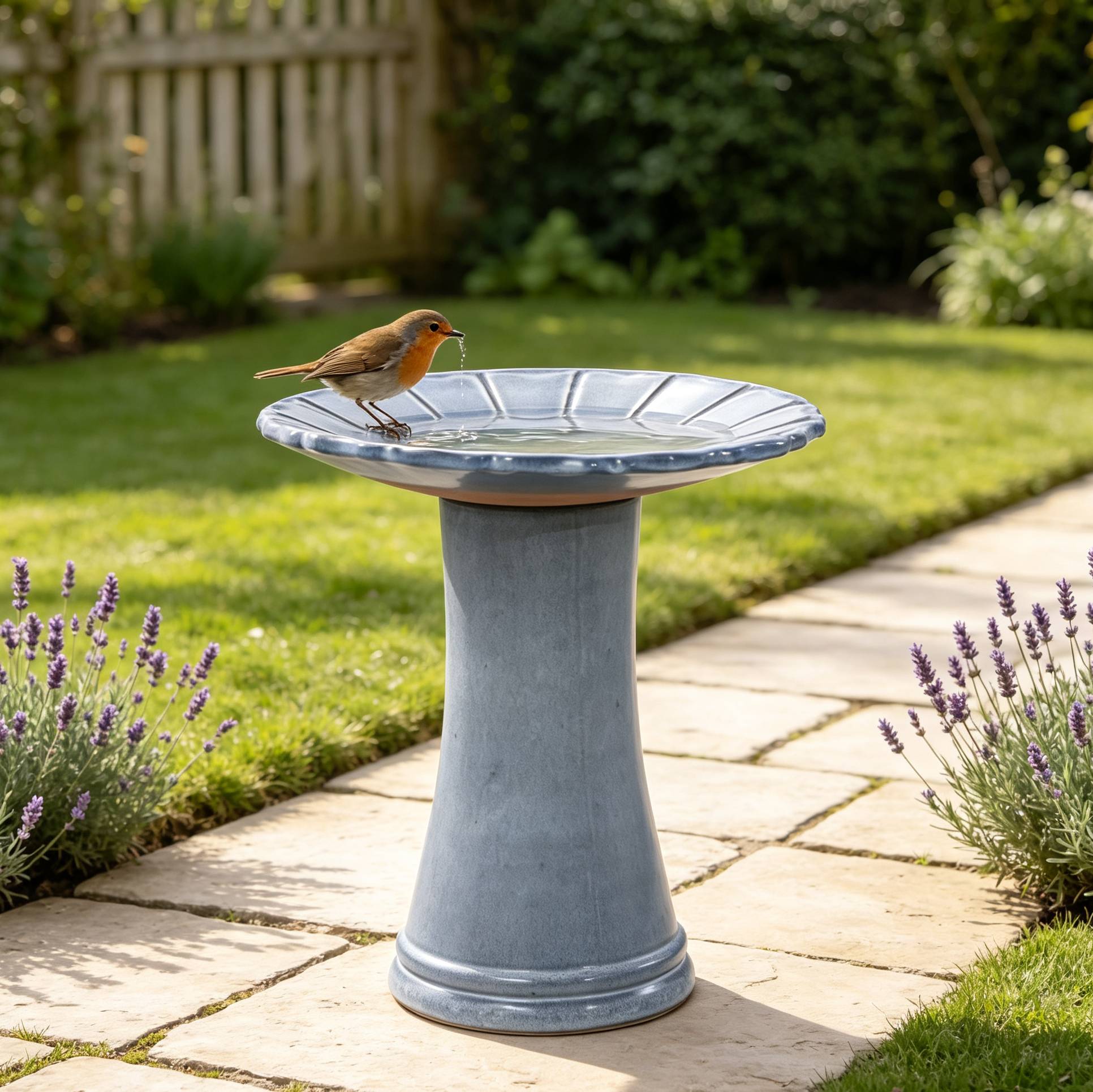 ComfortXL - Bain d’oiseaux en céramique Ø43 x H45 cm bleu-gris brillant pour jardin terrasse antigel - ComfortXL Outdoor Living - Image 1