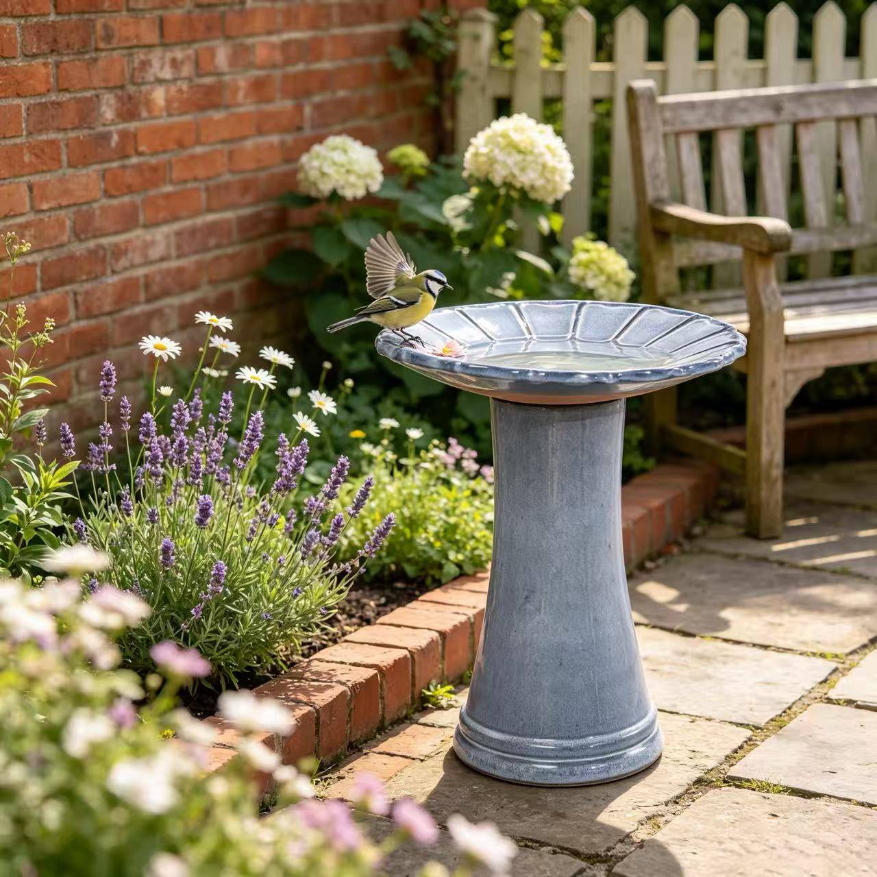 ComfortXL - Bain d’oiseaux en céramique Ø43 x H45 cm bleu-gris brillant pour jardin terrasse antigel - ComfortXL Outdoor Living - Image 4
