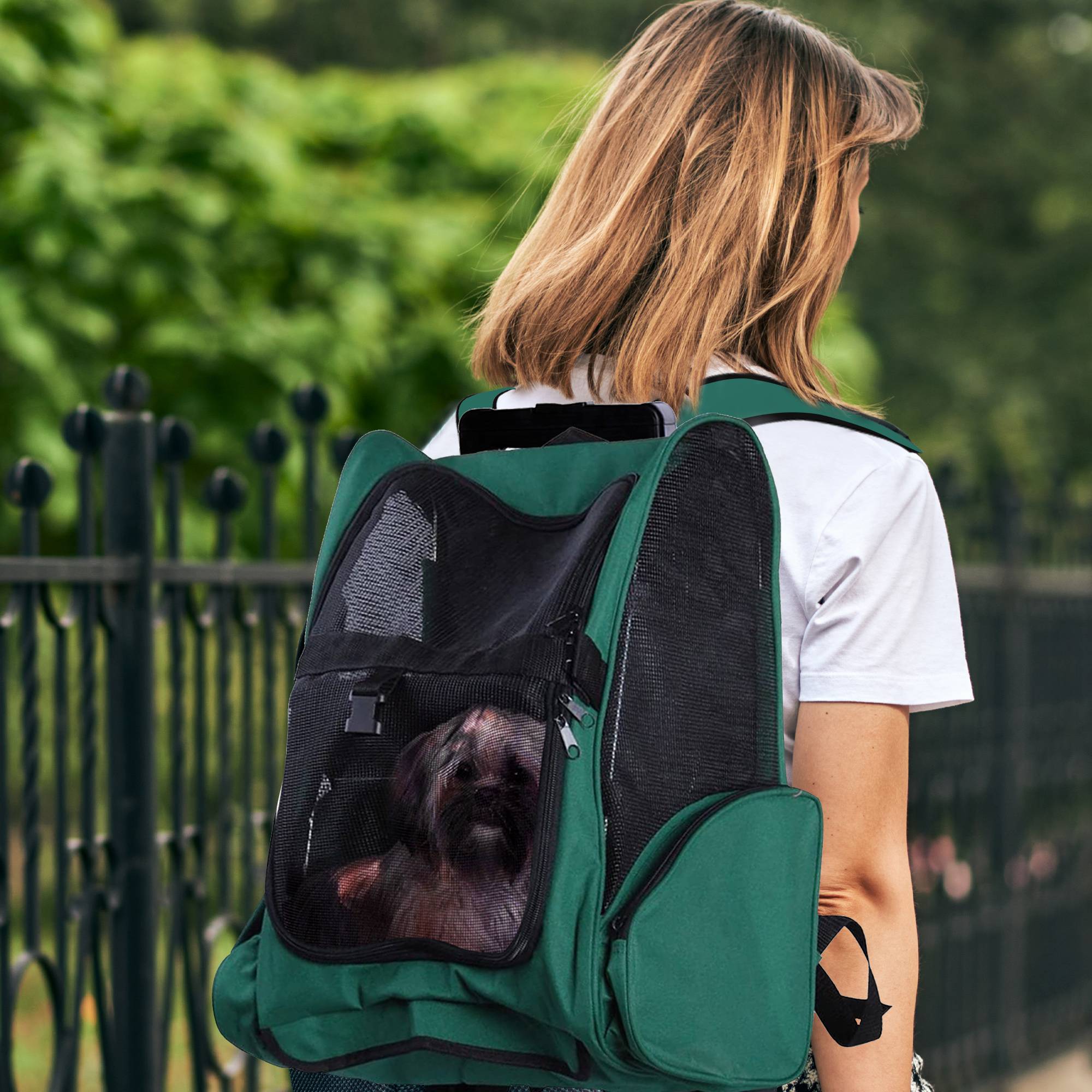 Sac à dos de transport trolley pour chien chat en métal Oxford aéré vert 55cm - ComfortXL Outdoor Living - Image 4
