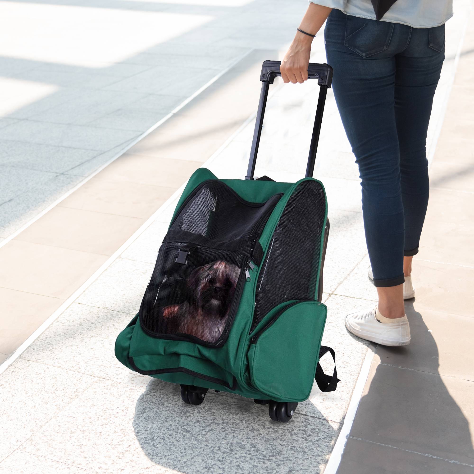 Sac à dos de transport trolley pour chien chat en métal Oxford aéré vert 55cm - ComfortXL Outdoor Living - Image 3