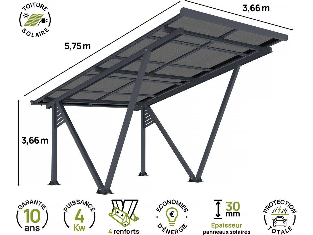 Ombrière Carport Solaire Avec Panneaux Photovoltaïques - 366 X 575 X 366 Cm - Gris - 4,1 Kw -habitat Et Jardin - Image 3