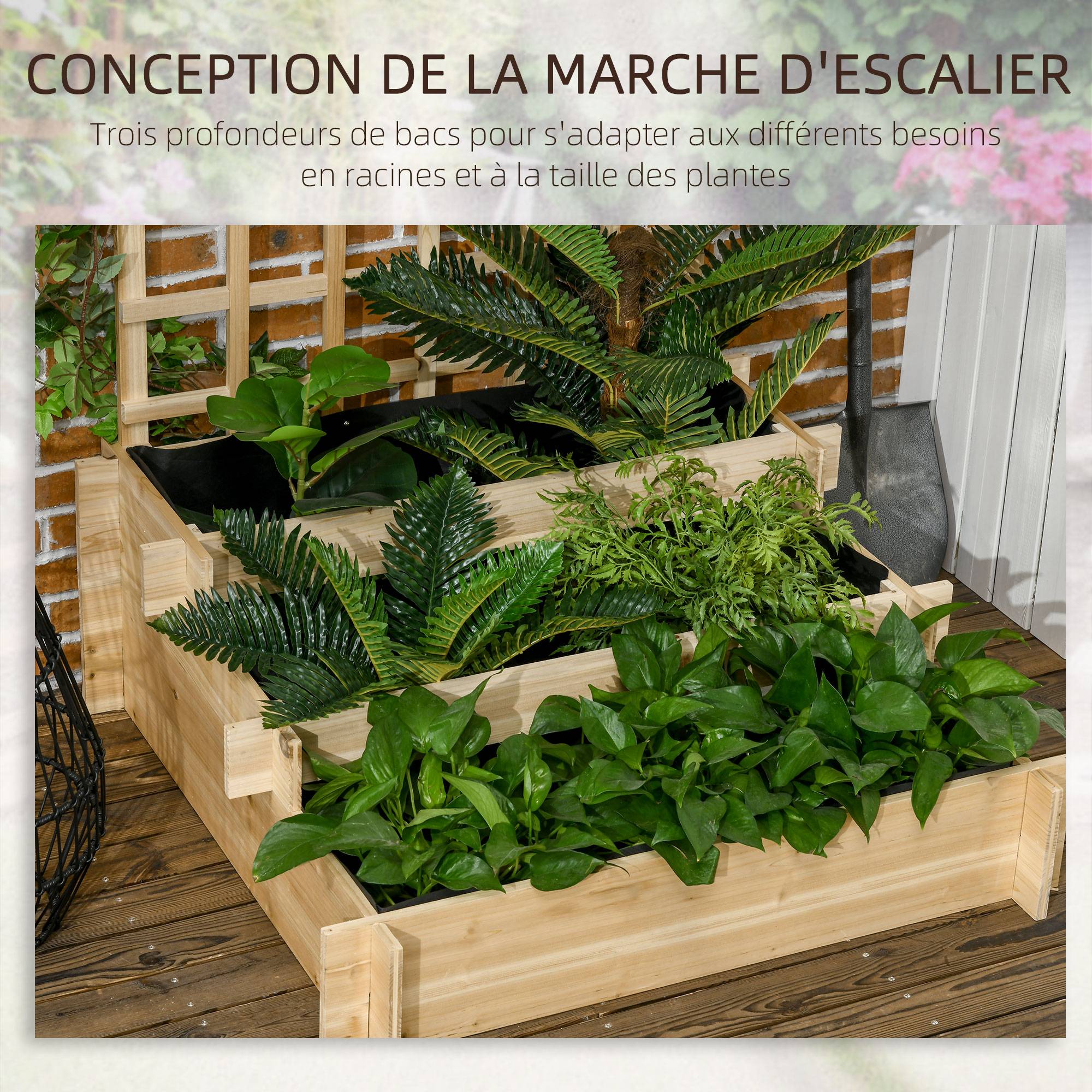 Sans Marque - Carré potager jardinière à 3 étages avec treillis lit surélevé en bois pour plantes grimpantes légumes fleurs naturel - Image 7