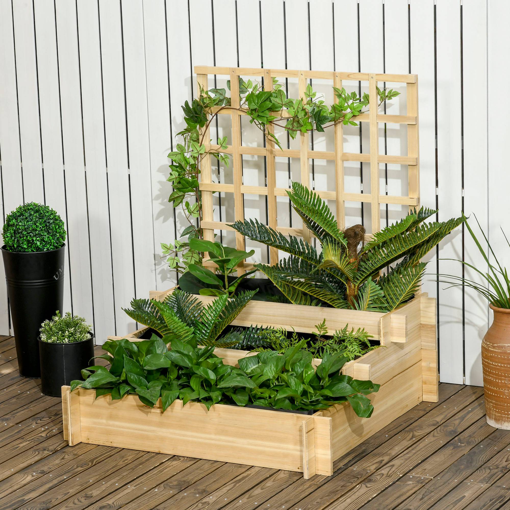 Sans Marque - Carré potager jardinière à 3 étages avec treillis lit surélevé en bois pour plantes grimpantes légumes fleurs naturel - Image 4