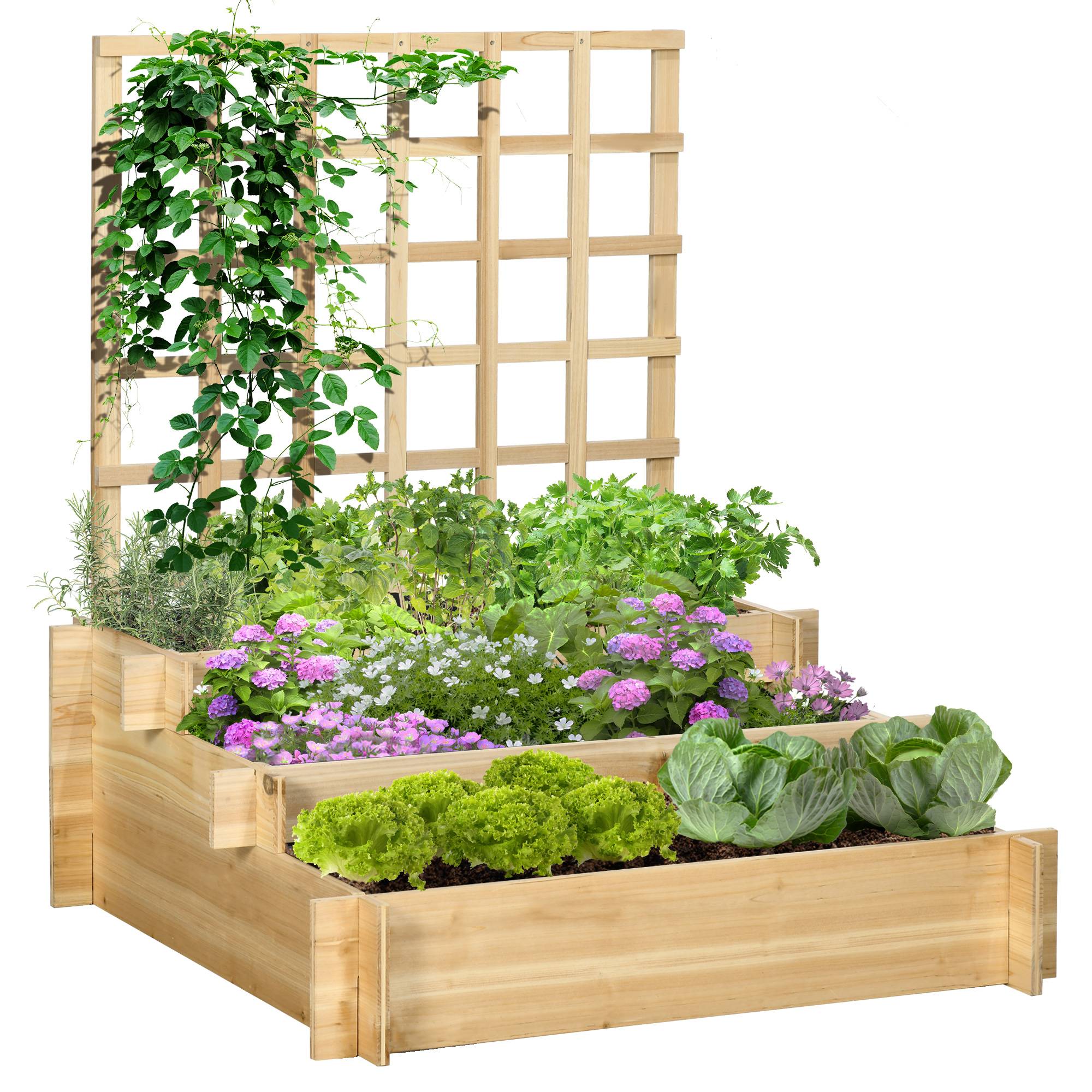 Sans Marque - Carré potager jardinière à 3 étages avec treillis lit surélevé en bois pour plantes grimpantes légumes fleurs naturel - Image 1
