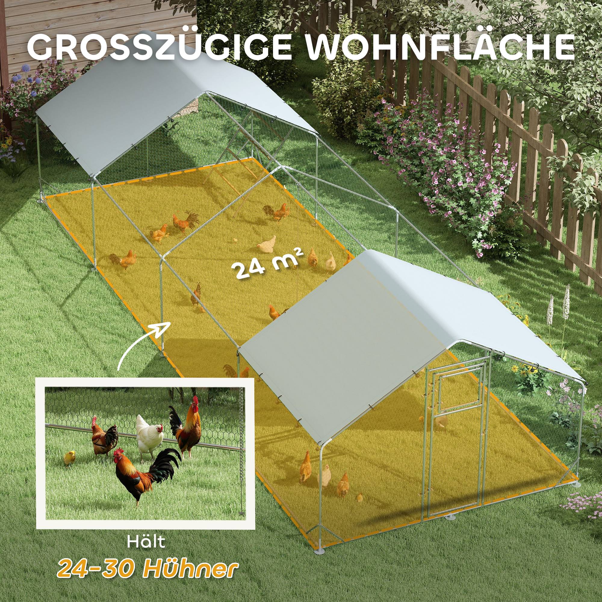 Grand enclos poulailler avec bâche anti-UV, grillage et distributeur de nourriture pour 24-30 poules - Image 6