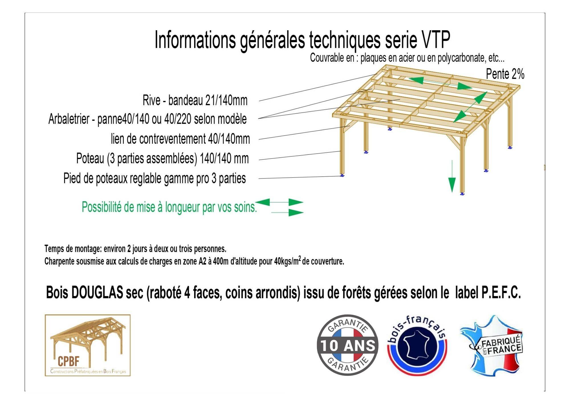 Cpbf Charpentes - Carport Toit Plat Bois DOUGLAS Français (Auvent - Abri voiture) 450cmX550cm.. - Image 3