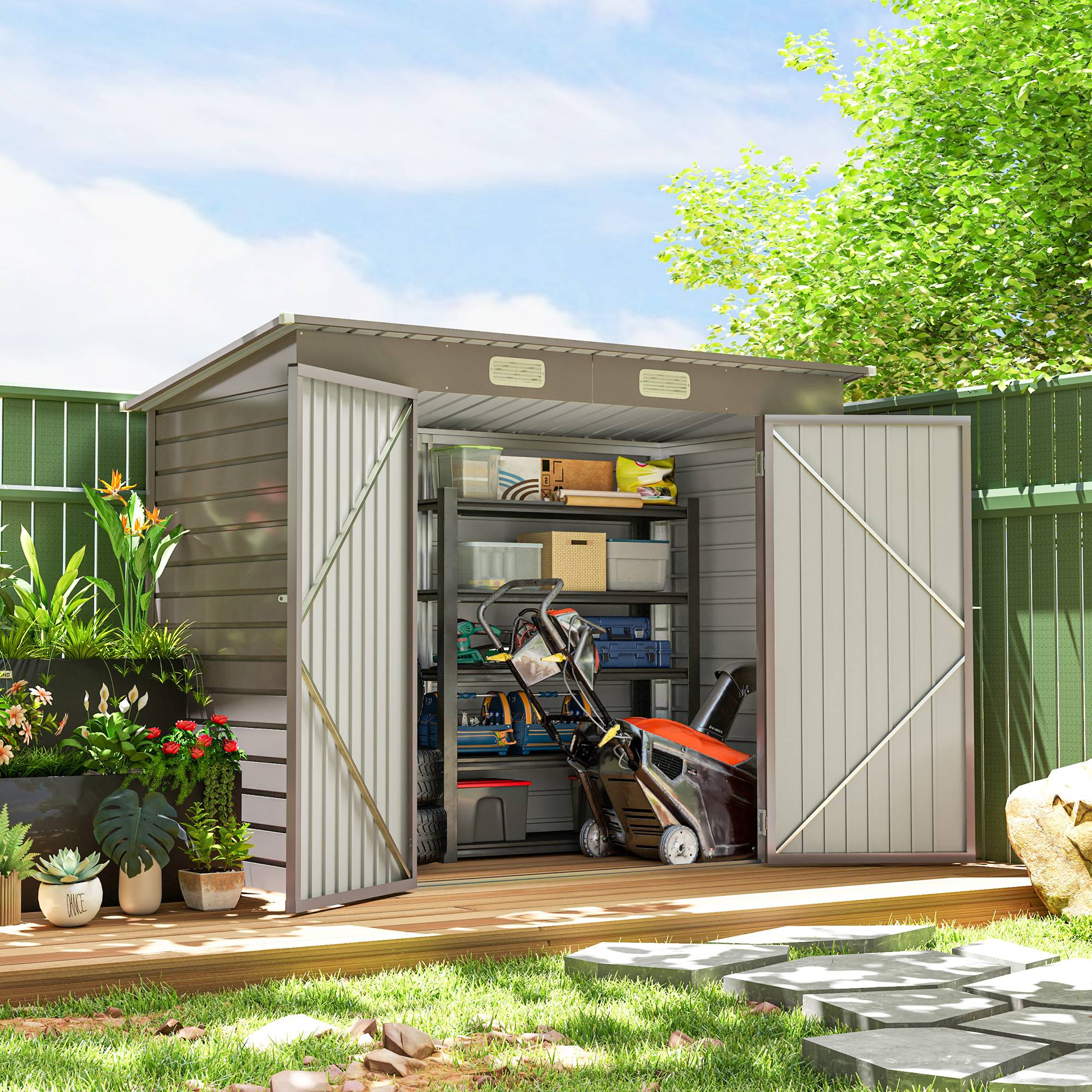 Sans Marque - Abri jardin 2 aérations loquet acier 249x121x183 cm gris clair - Image 4