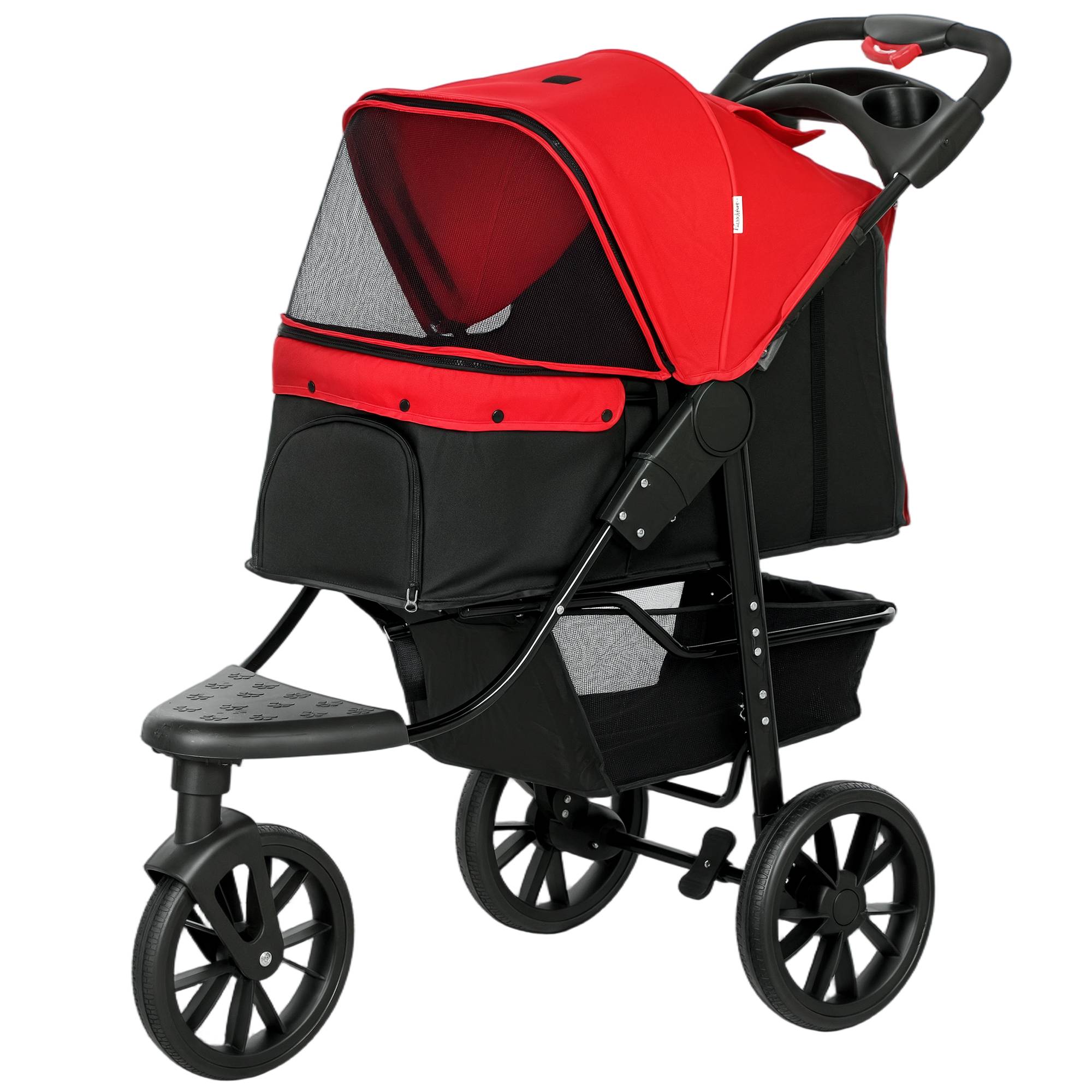 Poussette pour chien chariot pliable 3 roues tout-terrain EVA 12" auvent ajustable 2 laisses 109,5x57,5x106,5cm rouge - Image 2
