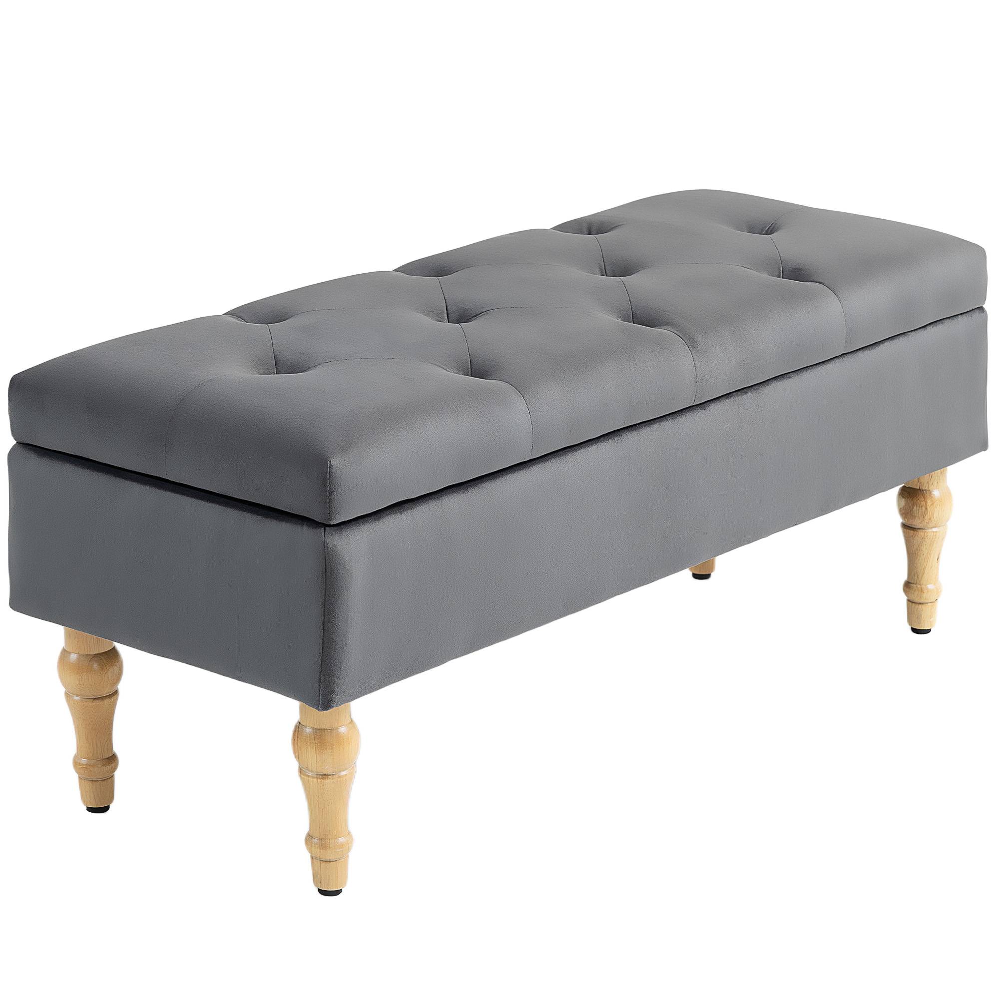 Banc coffre de rangement 2 en 1 banquette en velours avec couvercle à charnière capitonné et pieds en bois, gris foncé - Image 2