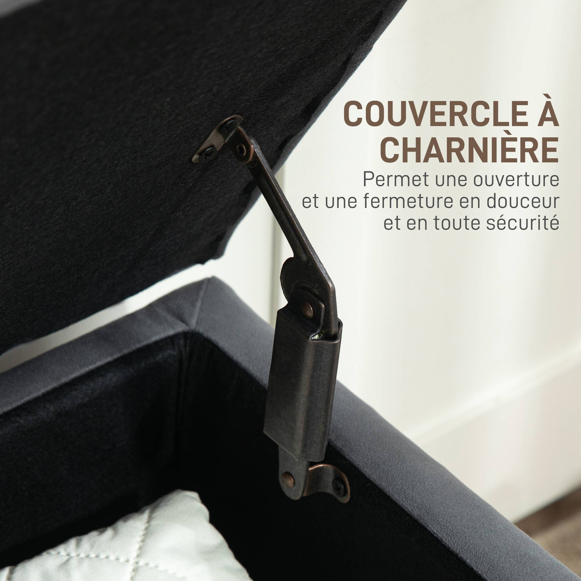 Banc coffre de rangement 2 en 1 banquette en velours avec couvercle à charnière capitonné et pieds en bois, gris foncé - Image 7