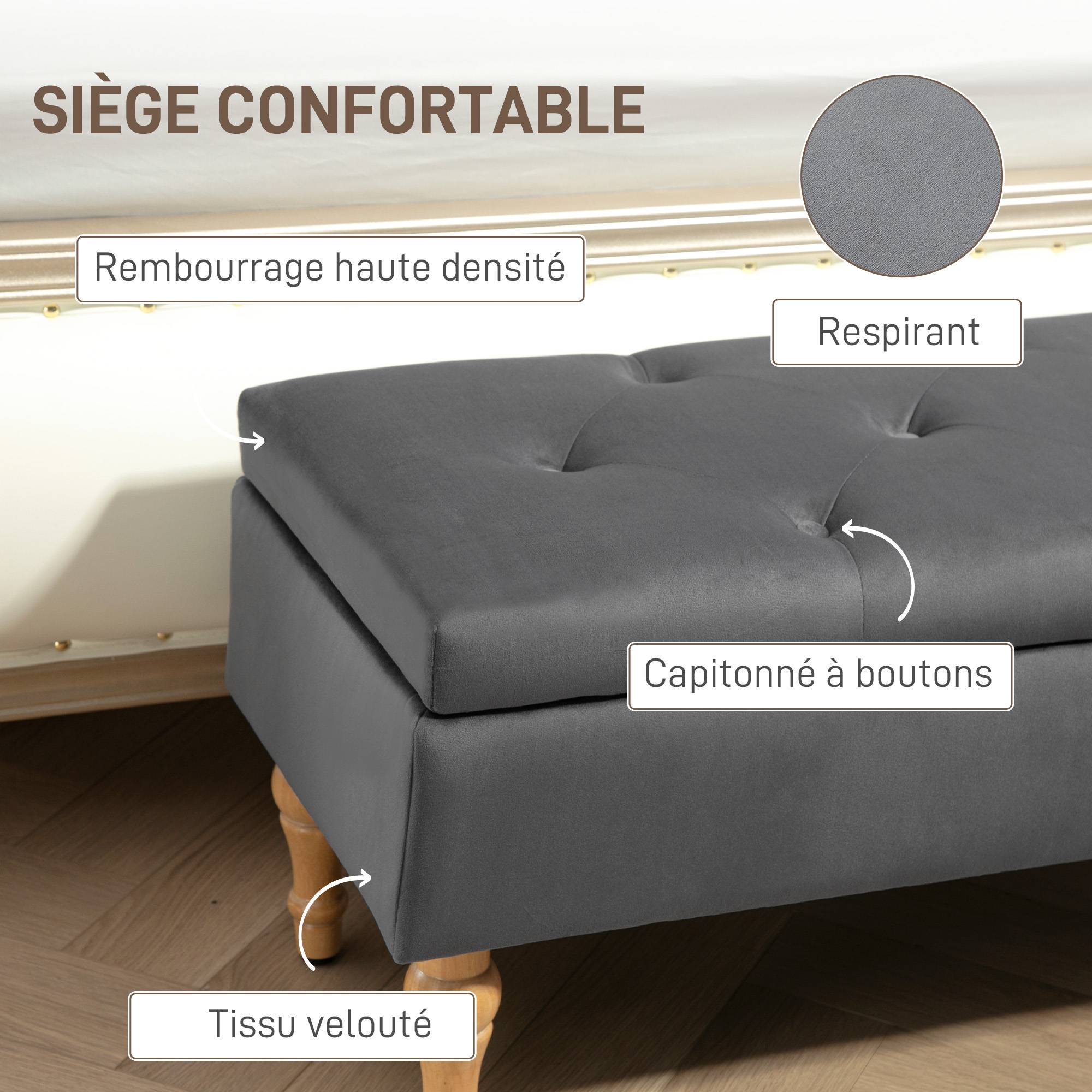 Banc coffre de rangement 2 en 1 banquette en velours avec couvercle à charnière capitonné et pieds en bois, gris foncé - Image 8
