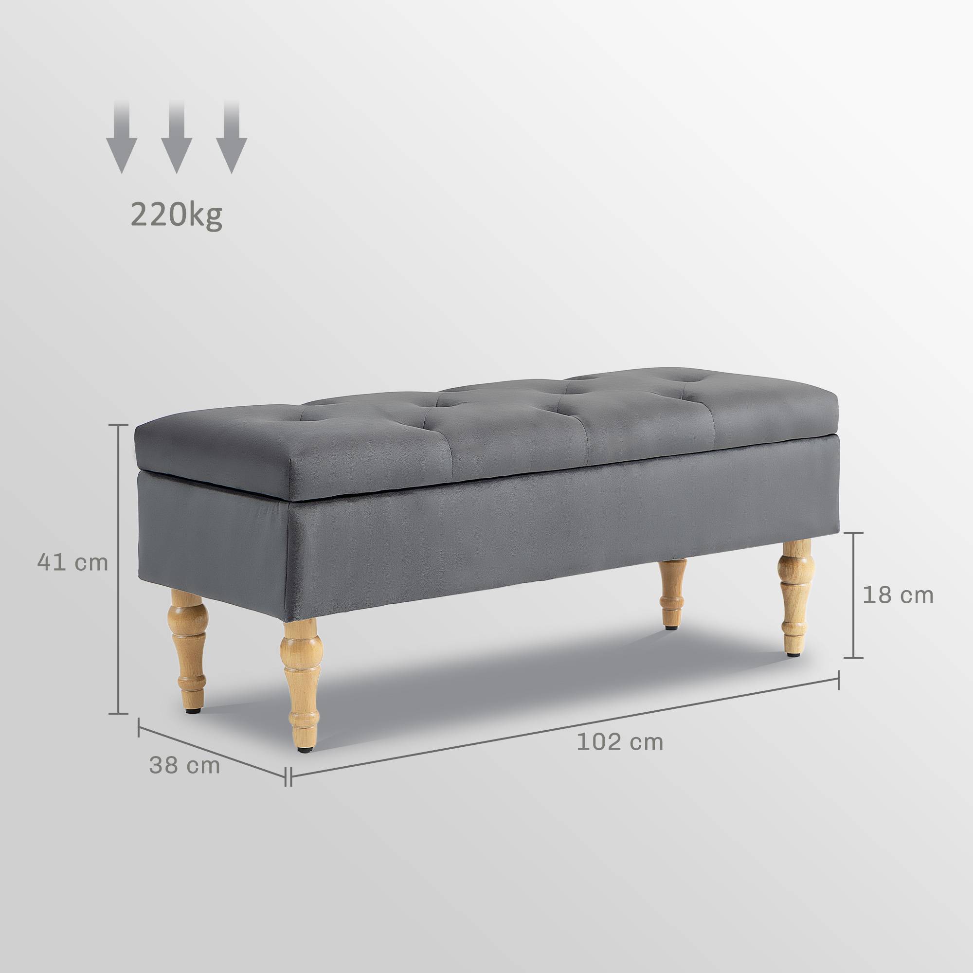Banc coffre de rangement 2 en 1 banquette en velours avec couvercle à charnière capitonné et pieds en bois, gris foncé - Image 5
