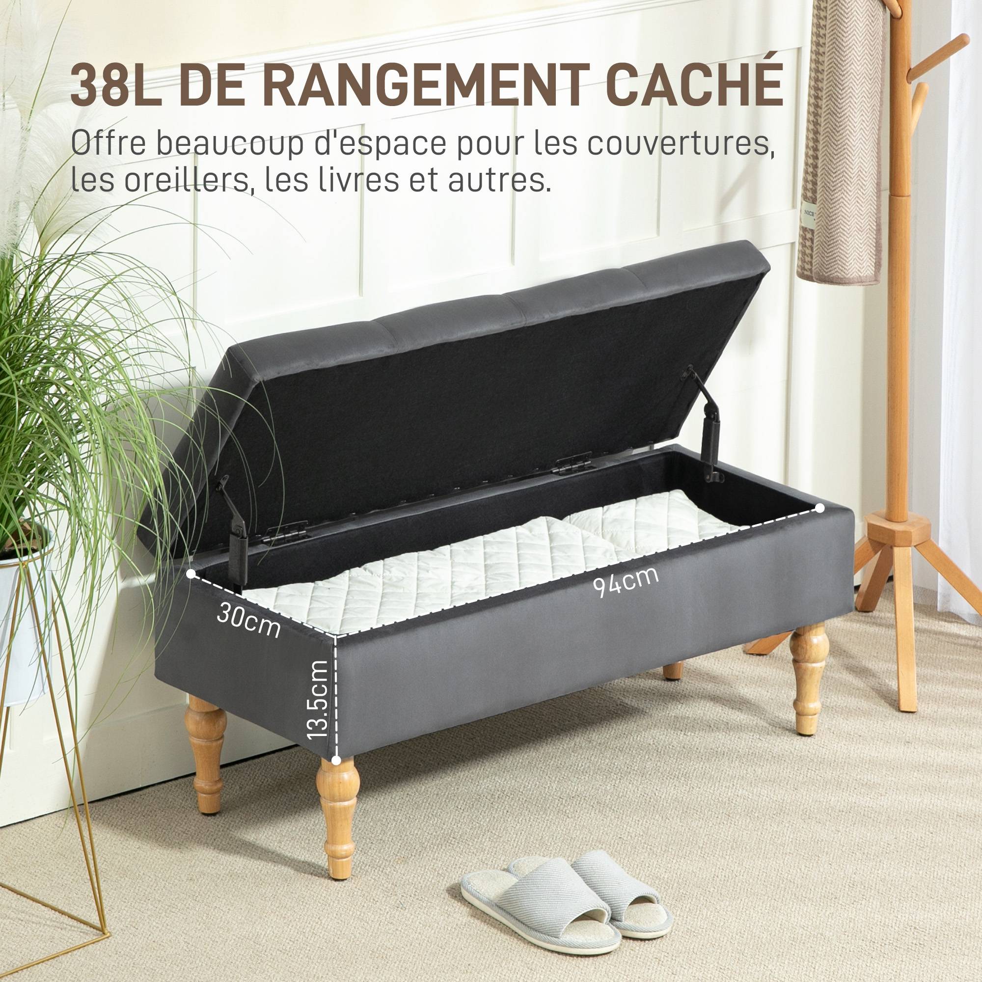 Banc coffre de rangement 2 en 1 banquette en velours avec couvercle à charnière capitonné et pieds en bois, gris foncé - Image 6