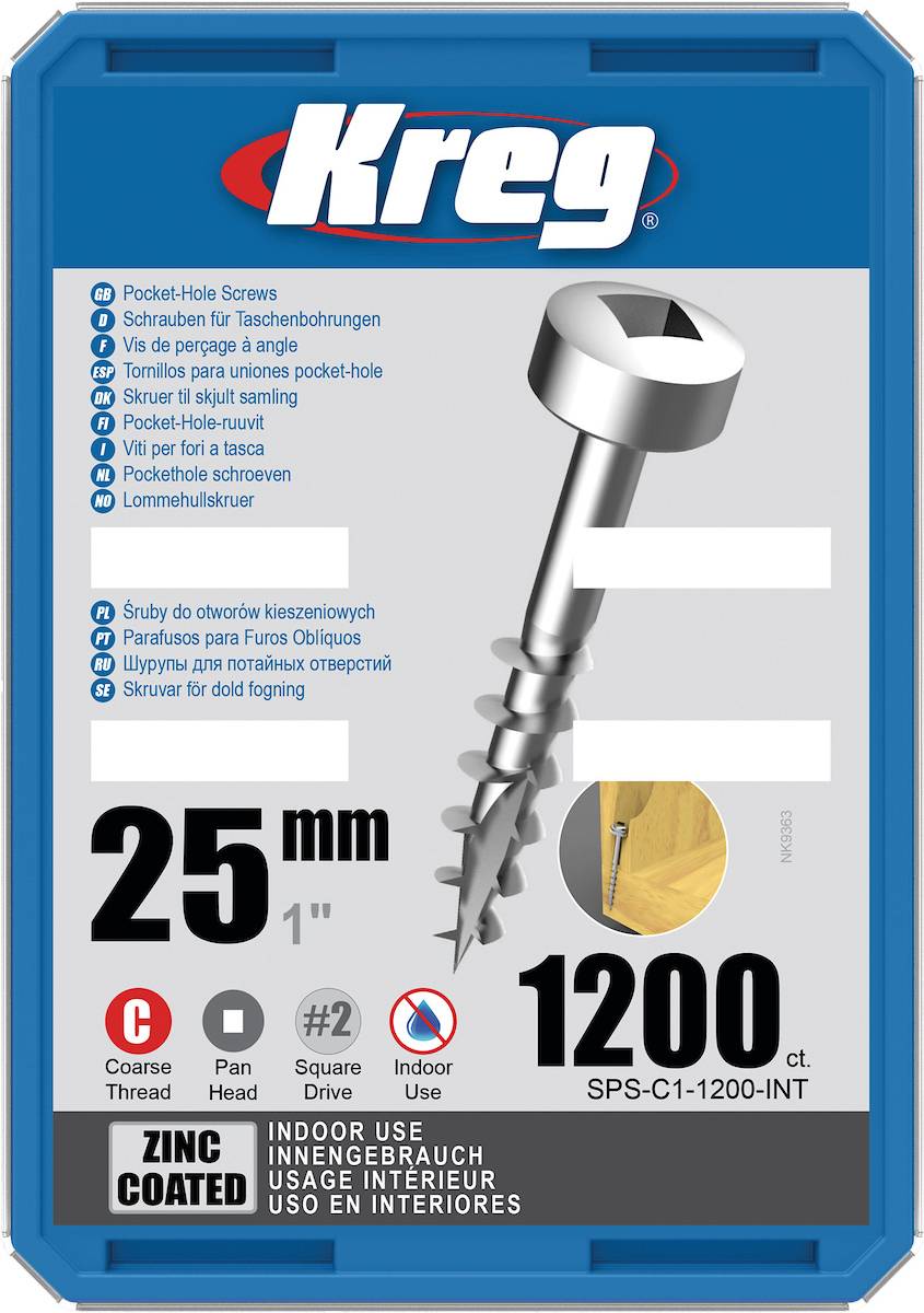 Vis à trous de poche 25 mm Revêtu de Zinc Pan-Head, Filetage épai, 1200 - KREG - SPS-C1-1200-INT