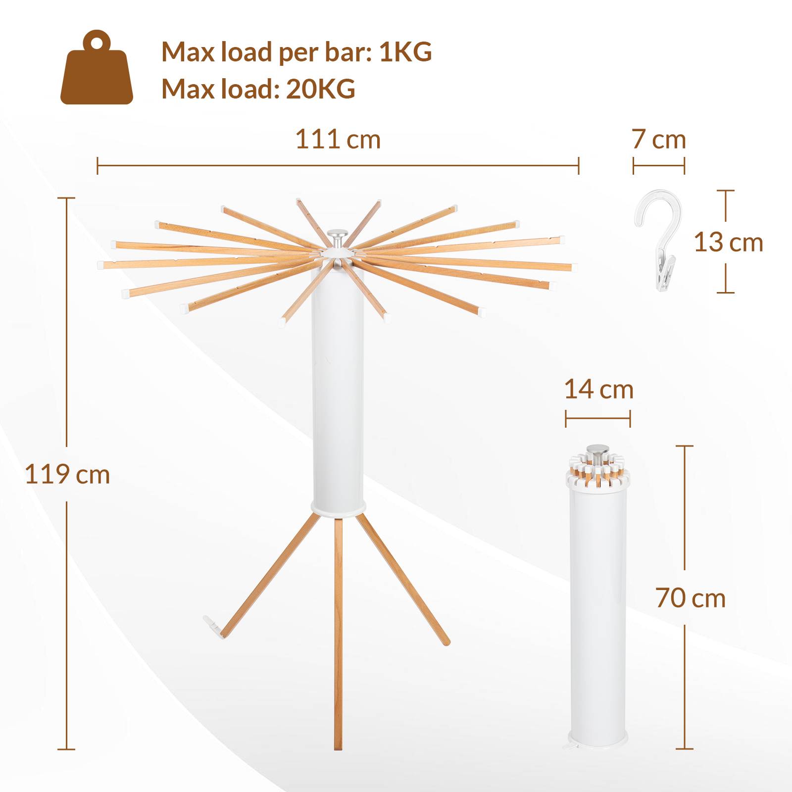 Todeco Etendoir linge interieur avec 10 Pinces à Linge, Séchoir à Rayons en éventail en bois, Séchoir à linge pliant pour le linge de petite taille - Image 2