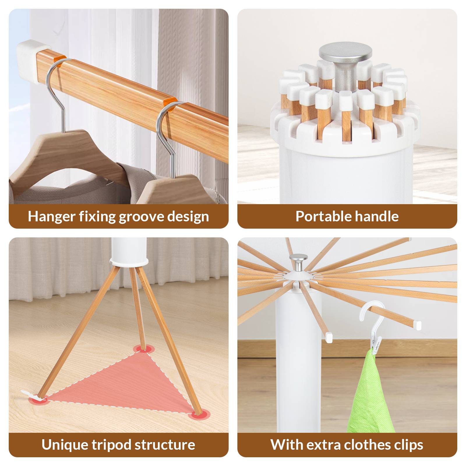 Todeco Etendoir linge interieur avec 10 Pinces à Linge, Séchoir à Rayons en éventail en bois, Séchoir à linge pliant pour le linge de petite taille - Image 3