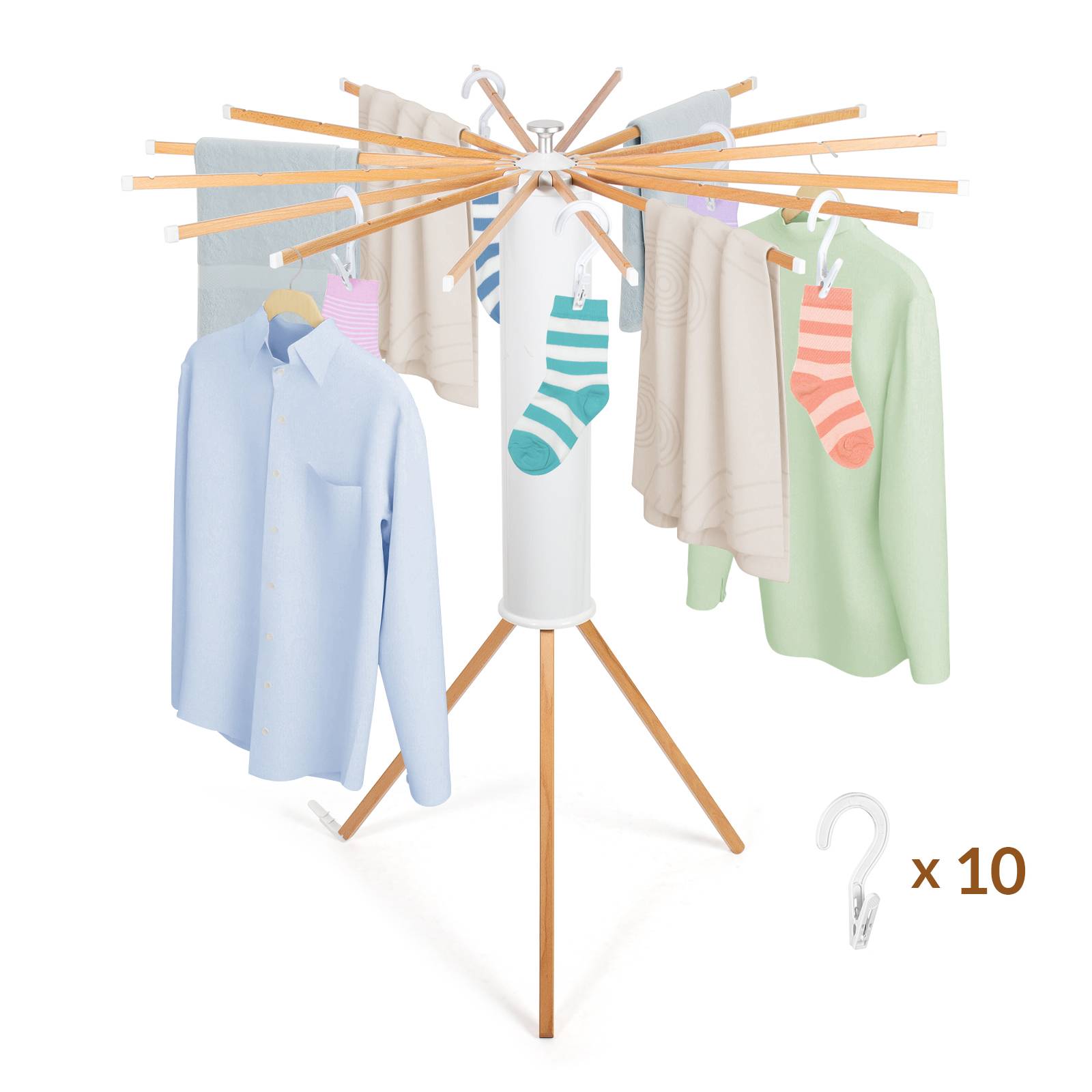 Todeco Etendoir linge interieur avec 10 Pinces à Linge, Séchoir à Rayons en éventail en bois, Séchoir à linge pliant pour le linge de petite taille - Image 1