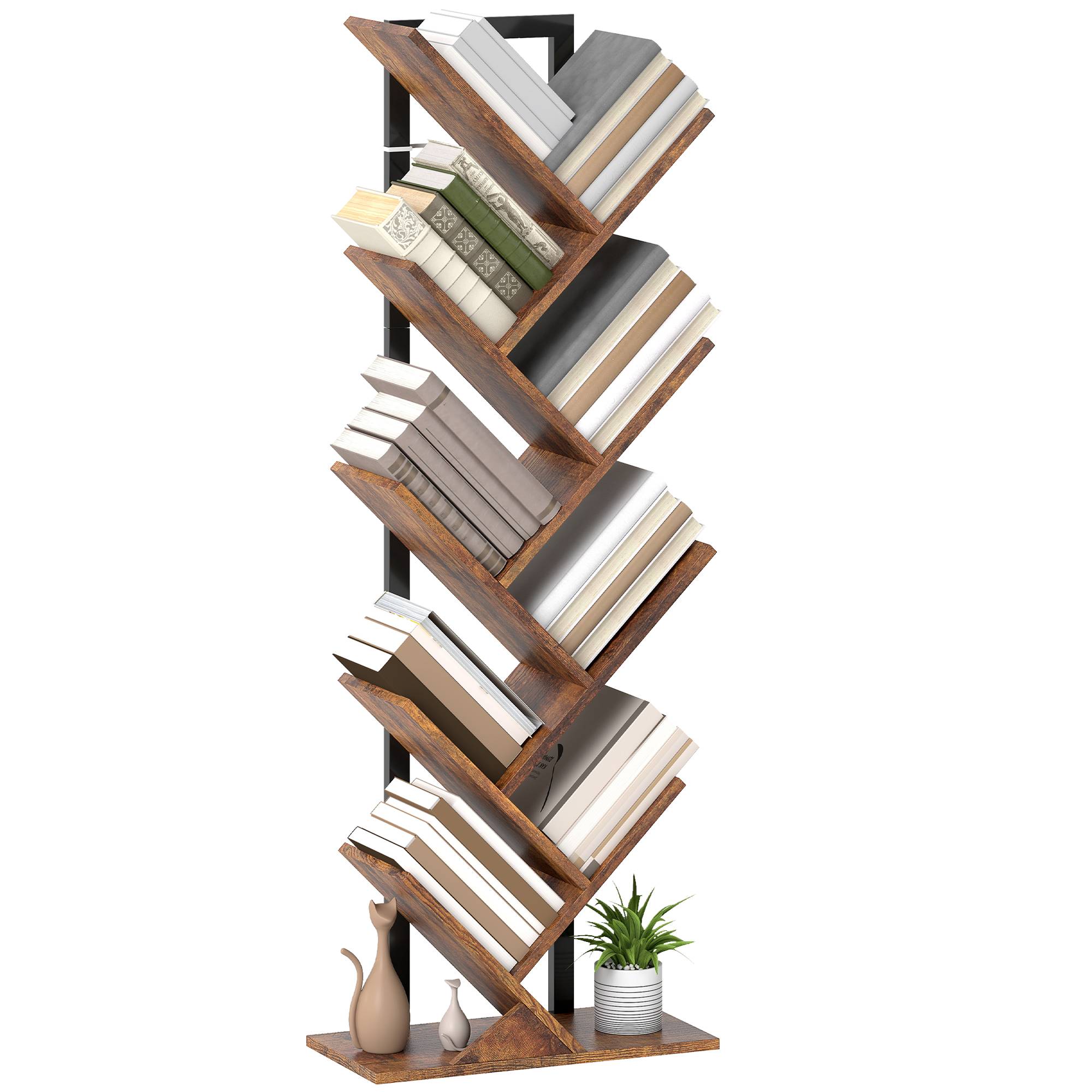 Étagère à livres, étagère autoportante à 9 niveaux, étroite, en forme d'arbre, idéale pour le bureau, couleur marron rustique - Image 1